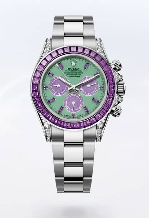 Rolex Cosmograph Daytona Spring, 18 ct white gold with purple sapphire bezel and green chrysoprase dial