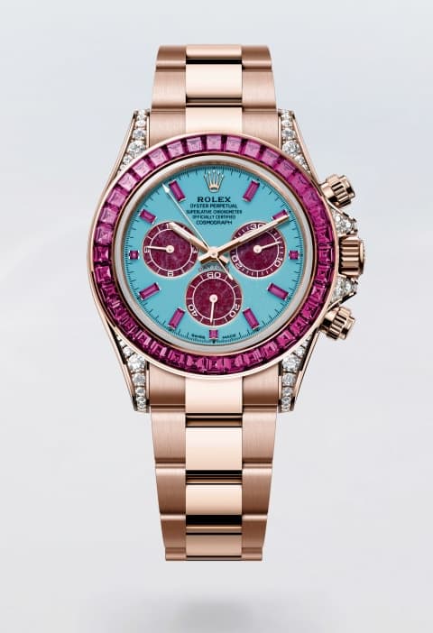 Rolex Cosmograph Daytona Summer, 18 ct Everose gold with pink sapphire bezel and turquoise dial