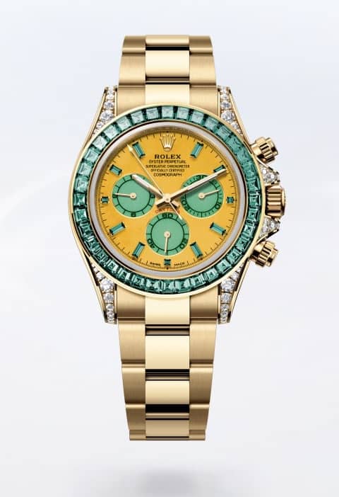 Rolex Cosmograph Daytona Autumn, 18 ct yellow gold with green tourmaline bezel and mookaite dial