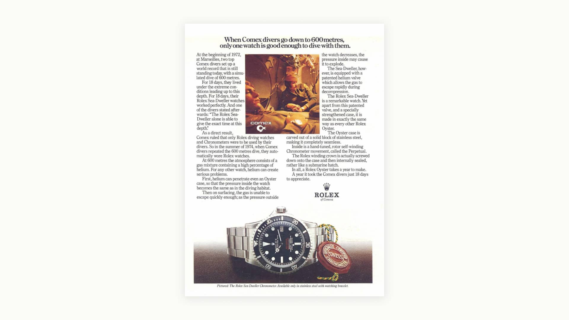 Vintage-Werbung der Rolex Sea-Dweller mit Tauchern von Comex