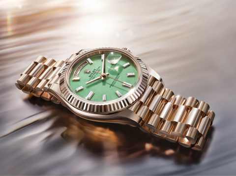 Rolex Day-Date 40 2026 in 18ct Jubilee gold with green aventurine dial