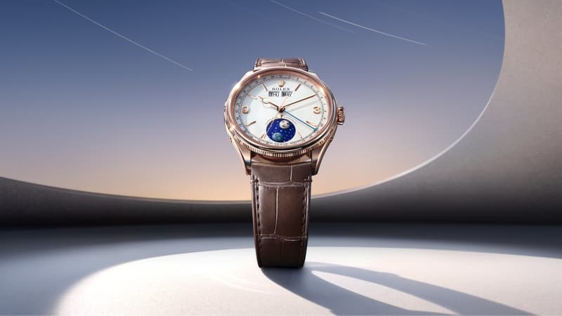 Rolex Perpetual Padellone m53505-0002 Everose gold white dial moonphase on brown alligator strap