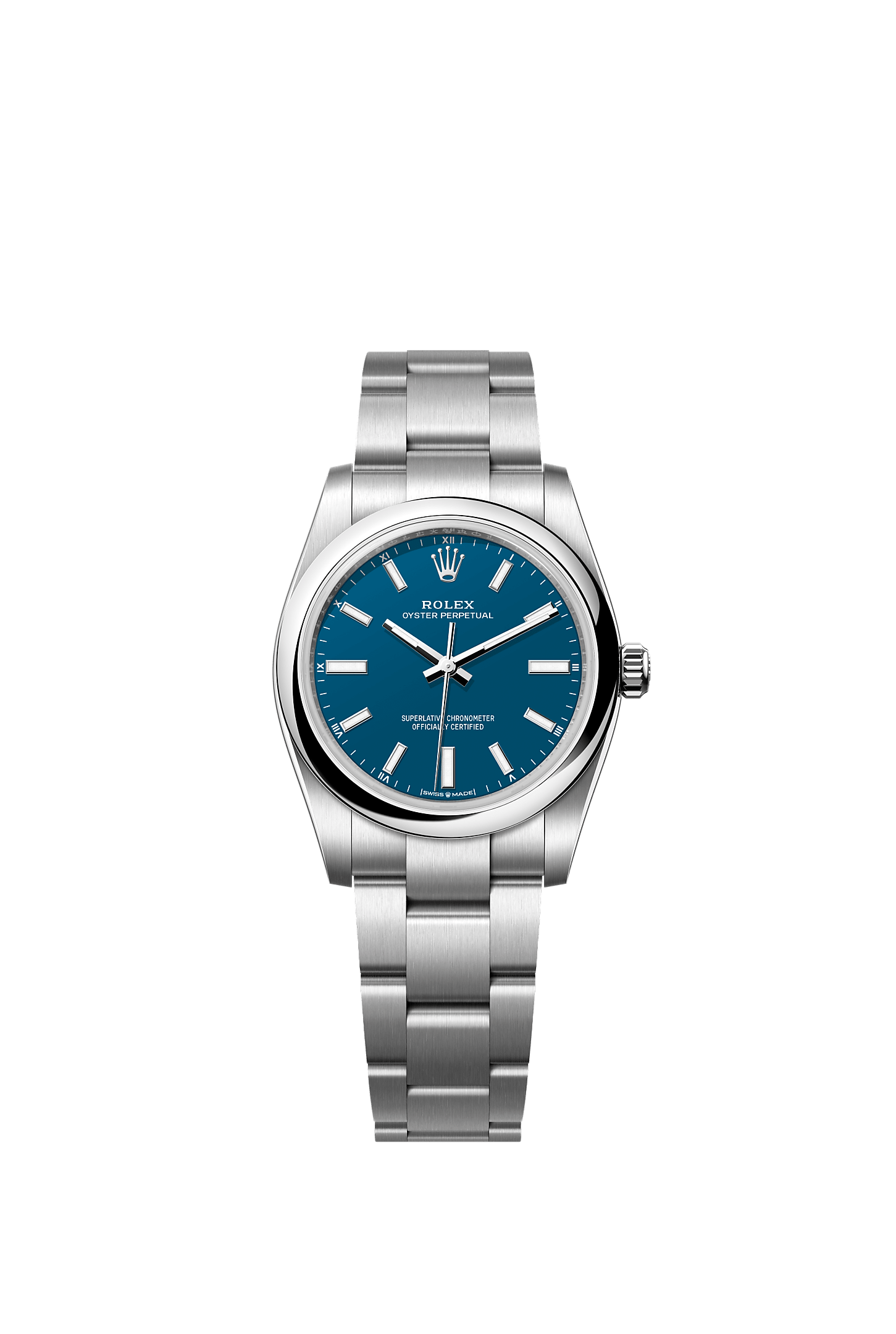Oyster Perpetual 34, Oyster, 34 mm, Oystersteel, Dial : Med blue, Rolex
