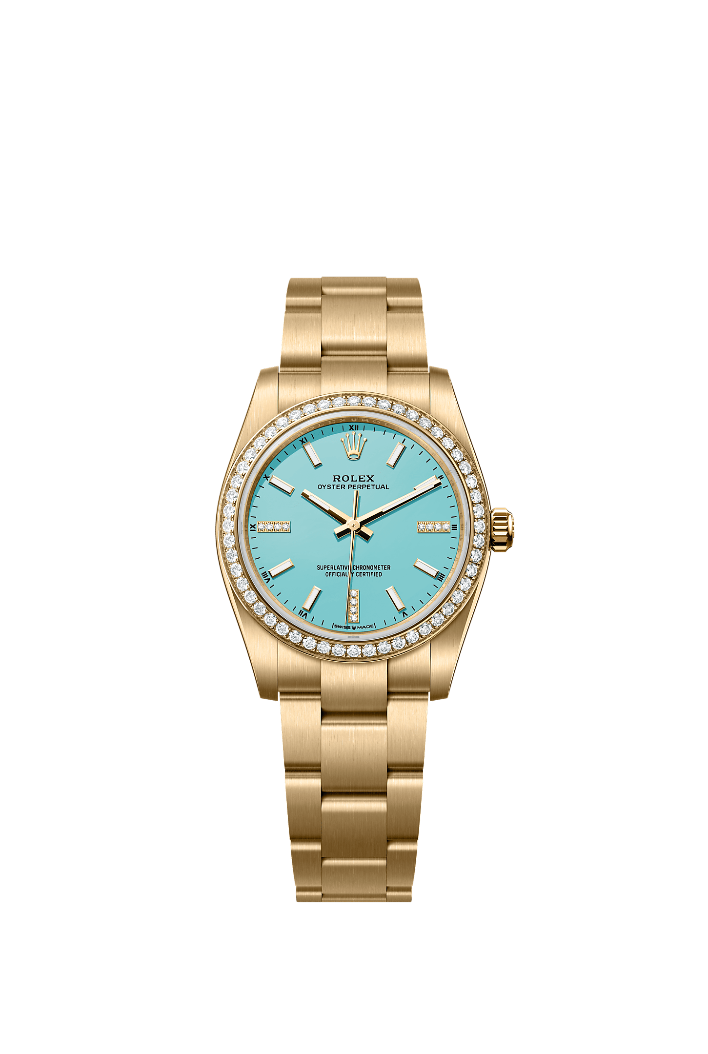 오이스터 퍼페츄얼 34, 오이스터, 34mm, 옐로우 골드와 다이아몬드, 다이얼 : 다이아몬드가 세팅된 터콰이즈 블루, Rolex