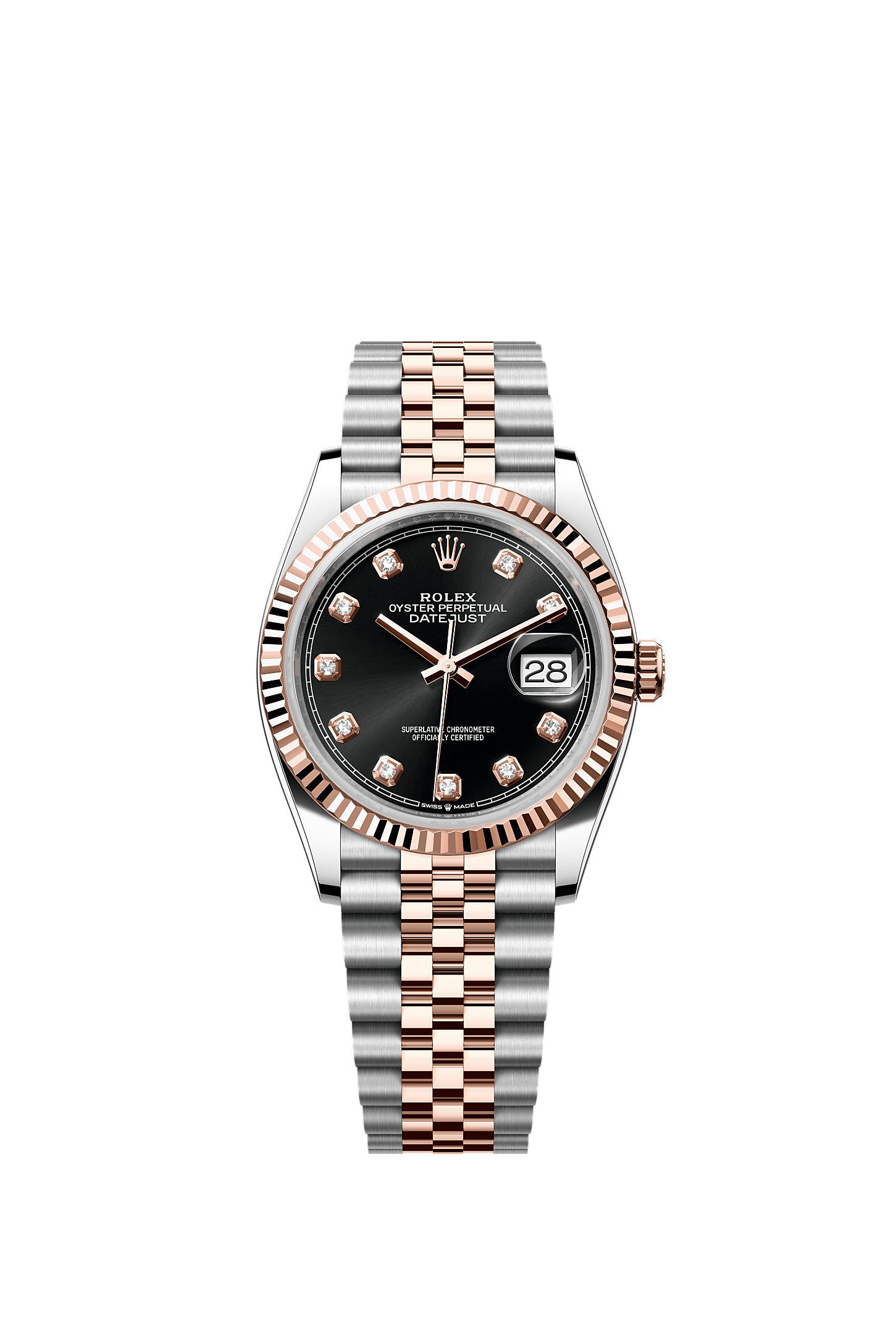 Datejust 36, Oyster, 36 mm, Oystersteel and Everose gold, Dial : Bright black set with diamonds, Rolex