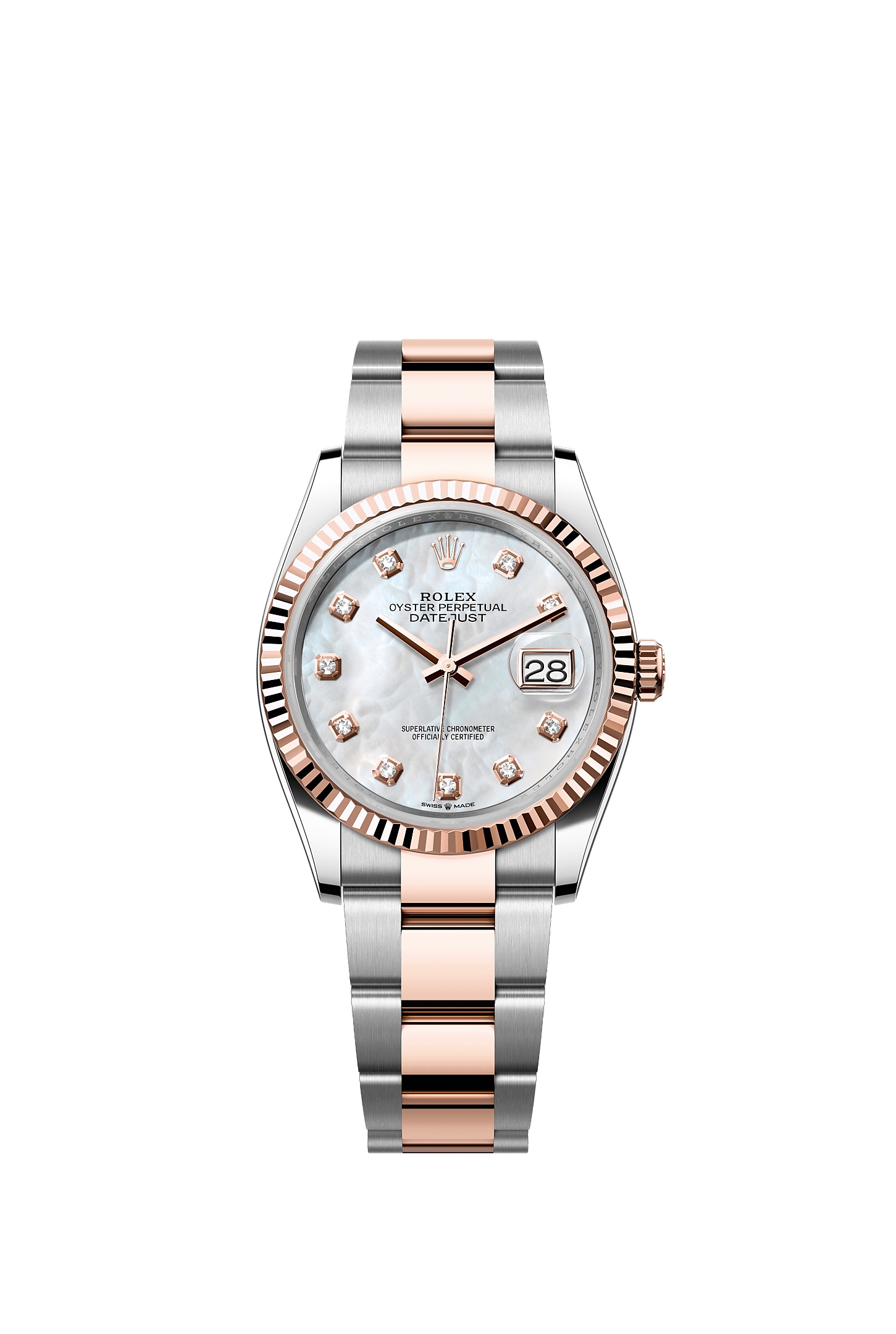 Datejust 36, Oyster, 36 mm, Oystersteel çelik ve Everose altın, Kadran : Pırlantalı beyaz sedef, Rolex