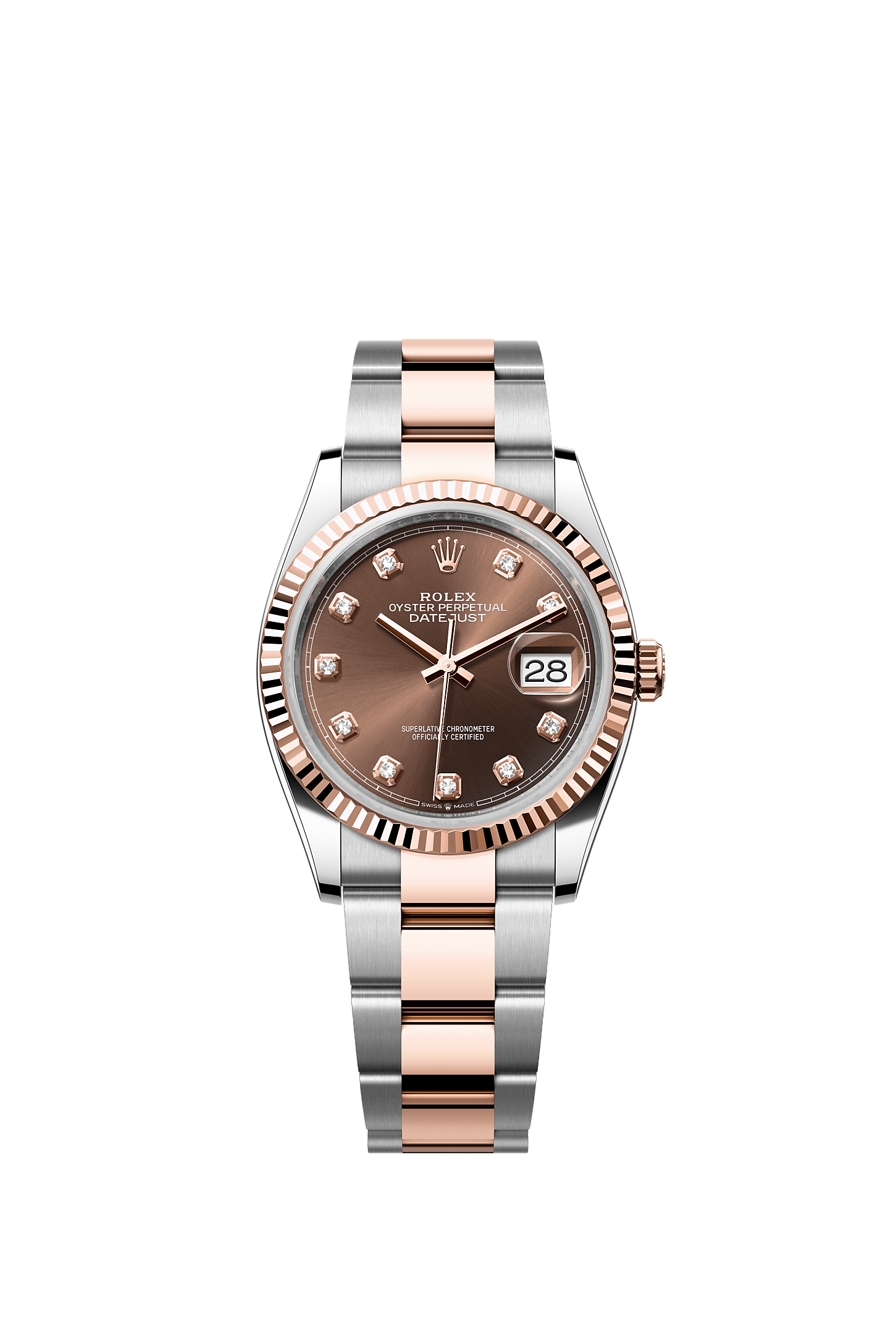 Datejust 36, Oyster, 36 mm, acciaio Oystersteel e oro Everose, Quadrante : Cioccolato con diamanti, Rolex