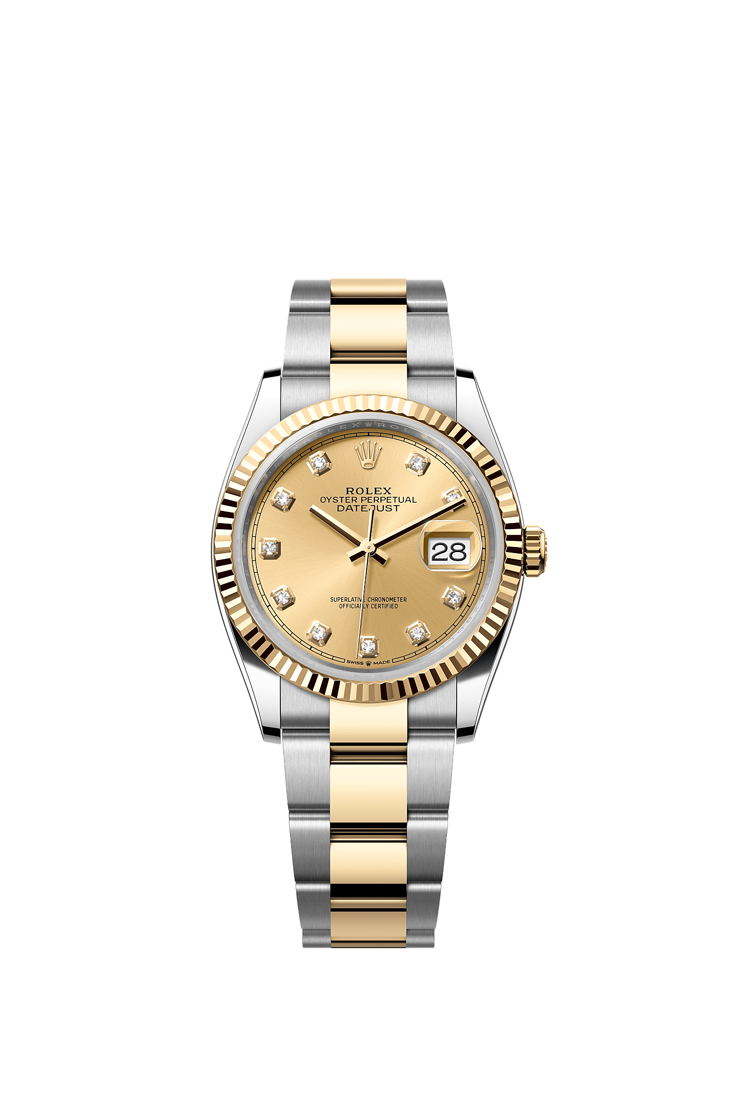 Datejust 36, Oyster, 36 mm, Oystersteel çelik ve sarı altın, Kadran : Pırlantalı, şampanya rengi, Rolex
