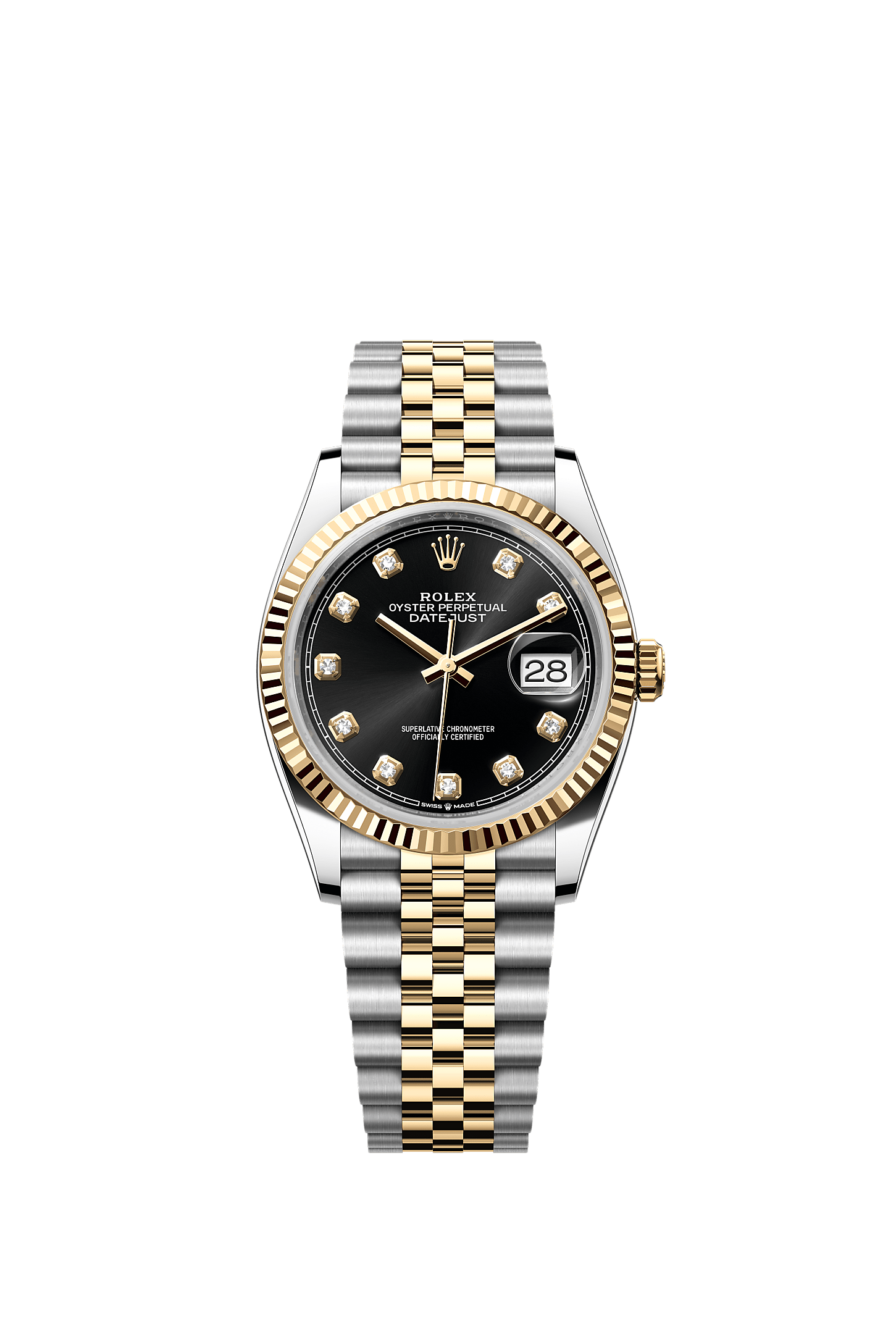 Datejust 36, Oyster, 36 มม., Oystersteel และทองคำ, หน้าปัด : สีดำประดับเพชร, Rolex