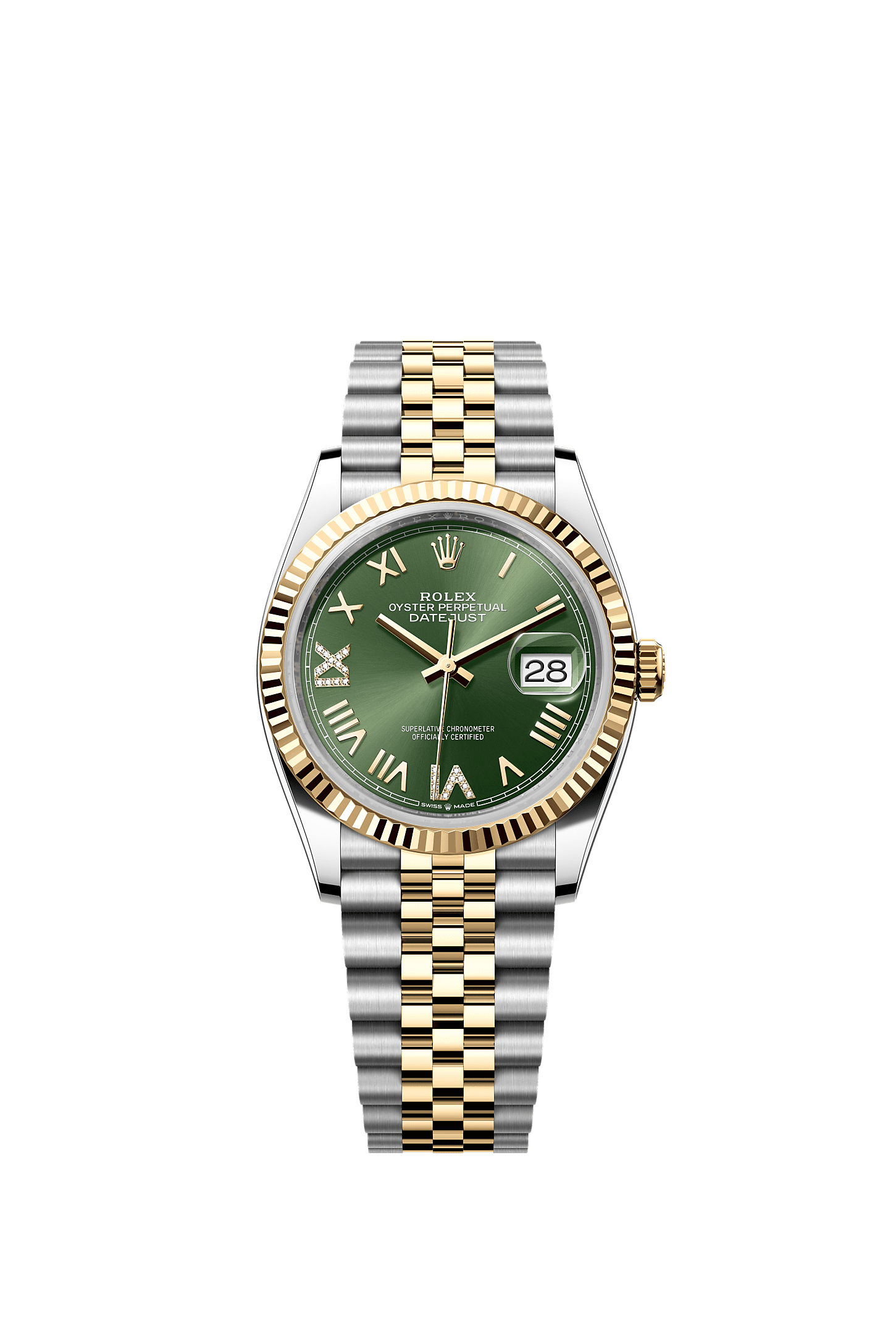 Datejust 36, Oyster, 36 มม., Oystersteel และทองคำ, หน้าปัด : สีเขียวมะกอกประดับเพชร, Rolex
