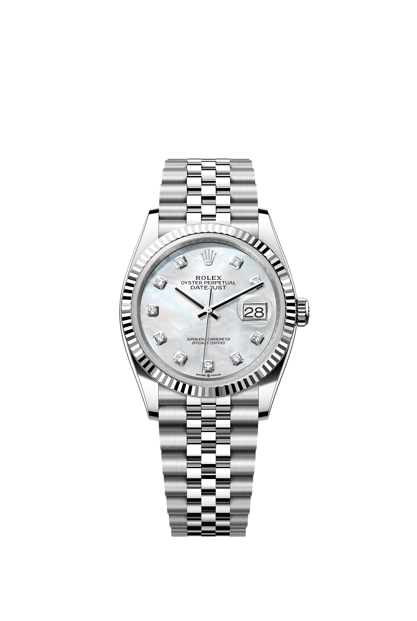 Datejust 36, Oyster, 36 mm, aço Oystersteel e ouro branco, Mostrador : Madrepérola branca cravejado de diamantes, Rolex