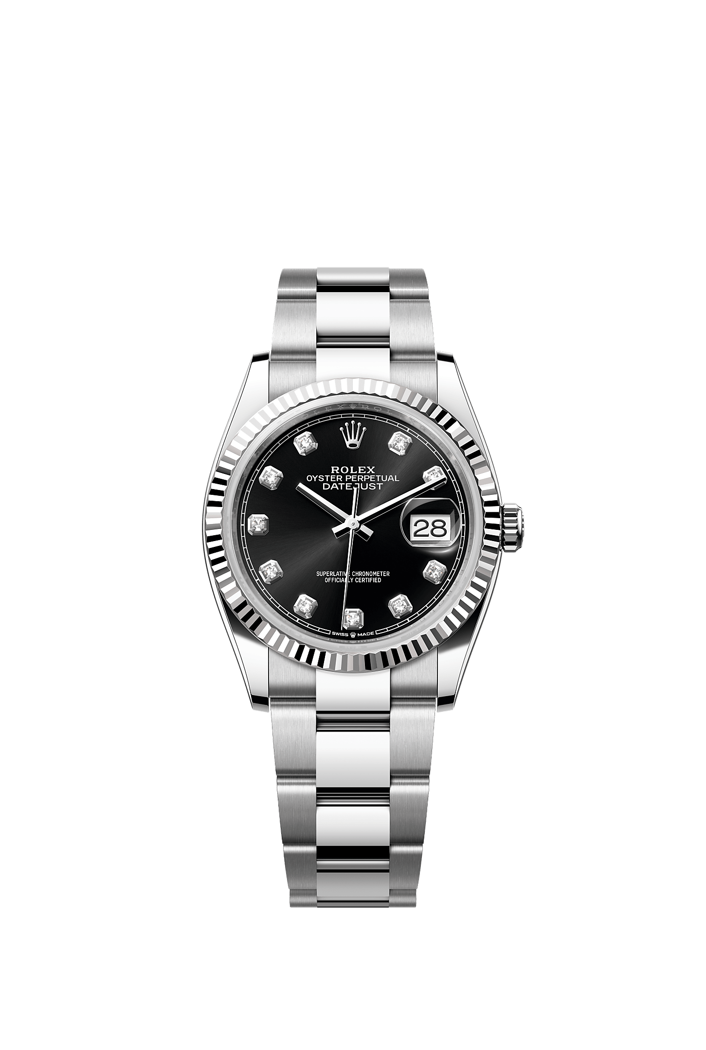 Datejust 36, Oyster, 36 mm, Oystersteel dan emas putih, Permukaan : Hitam terang dipasangkan dengan berlian, Rolex