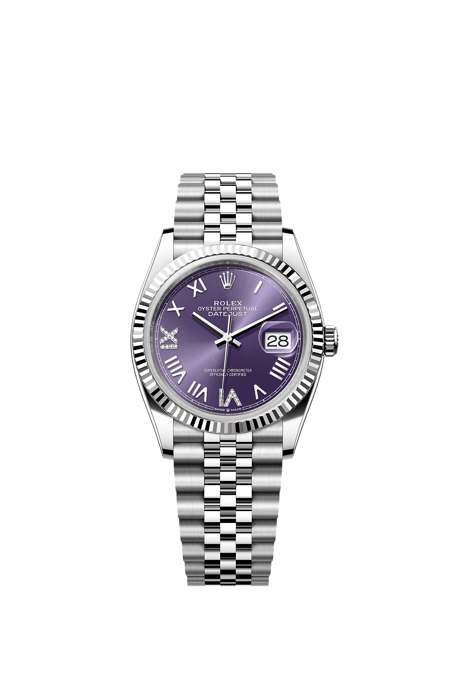 Datejust 36, Oyster, 36 mm, acciaio Oystersteel e oro bianco, Quadrante : <i>Aubergine</i> con diamanti, Rolex