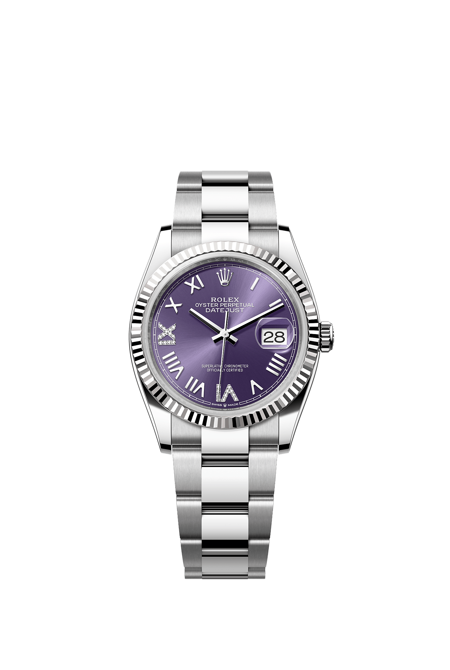 Datejust 36, Oyster, 36 mm, acciaio Oystersteel e oro bianco, Quadrante : <i>Aubergine</i> con diamanti, Rolex