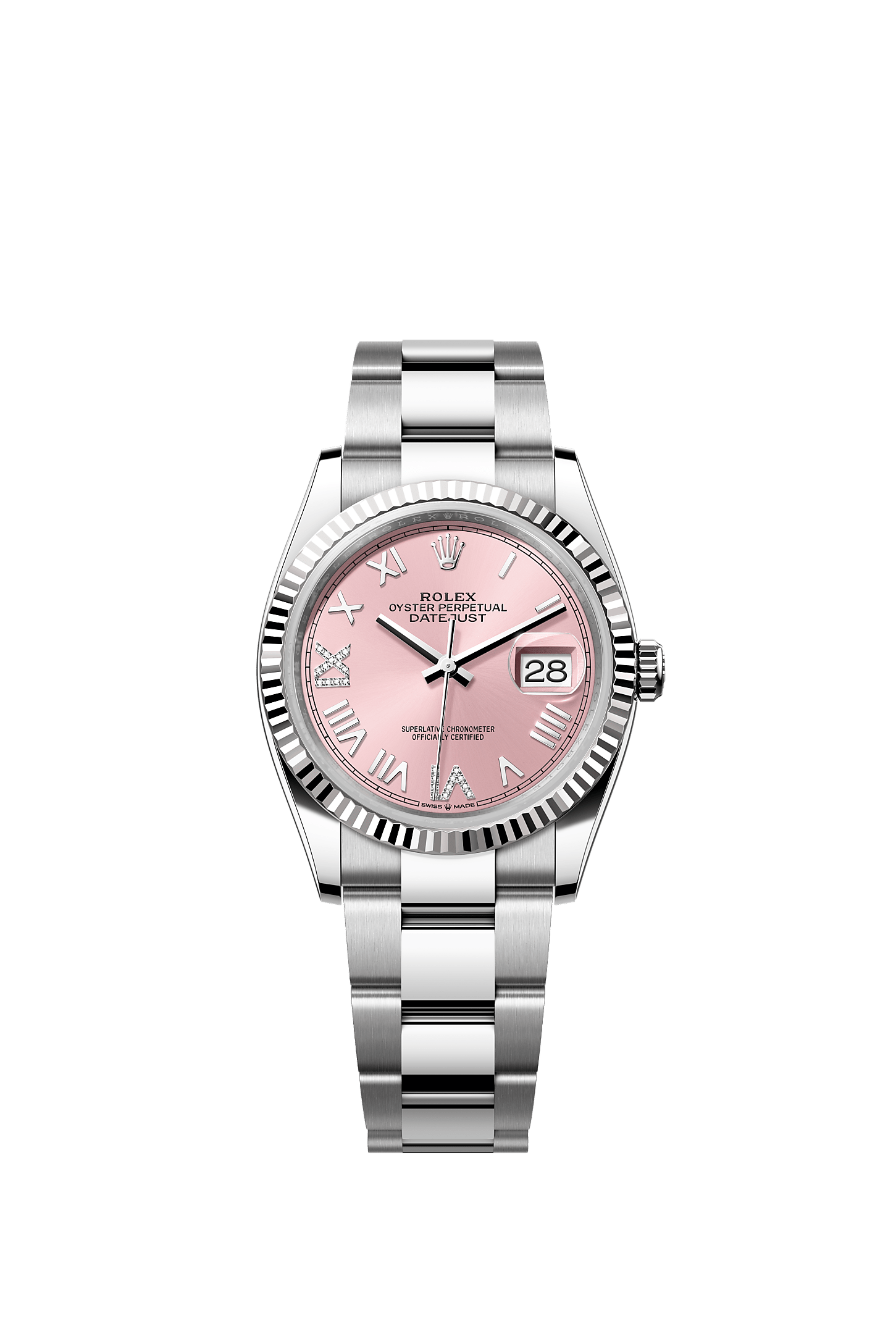 Datejust 36, Oyster, 36 mm, acciaio Oystersteel e oro bianco, Quadrante : Rosa con diamanti, Rolex
