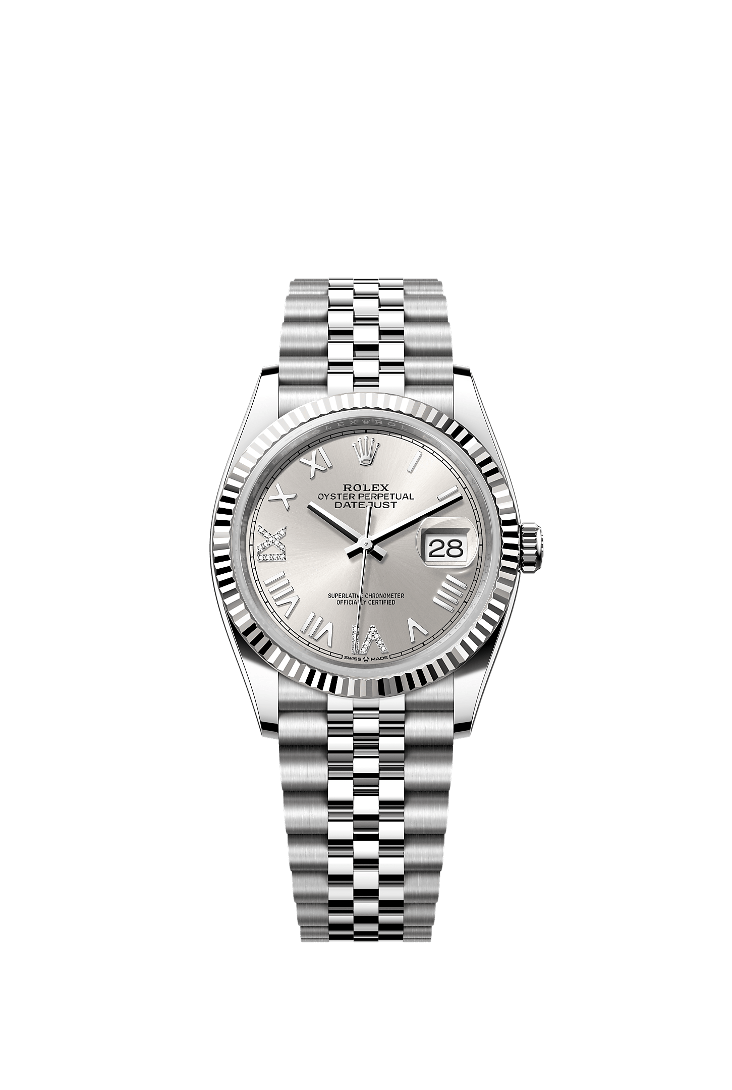 Datejust 36, Oyster, 36 mm, Oystersteel and white gold, Dial : Silver set with diamonds, Rolex