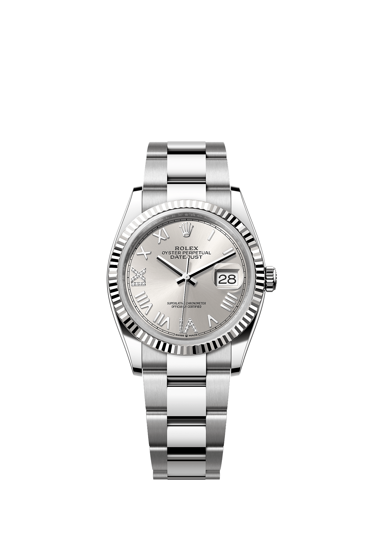 Datejust 36, Oyster, 36 มม., Oystersteel และทองคำขาว, หน้าปัด : สีเงินประดับเพชร, Rolex