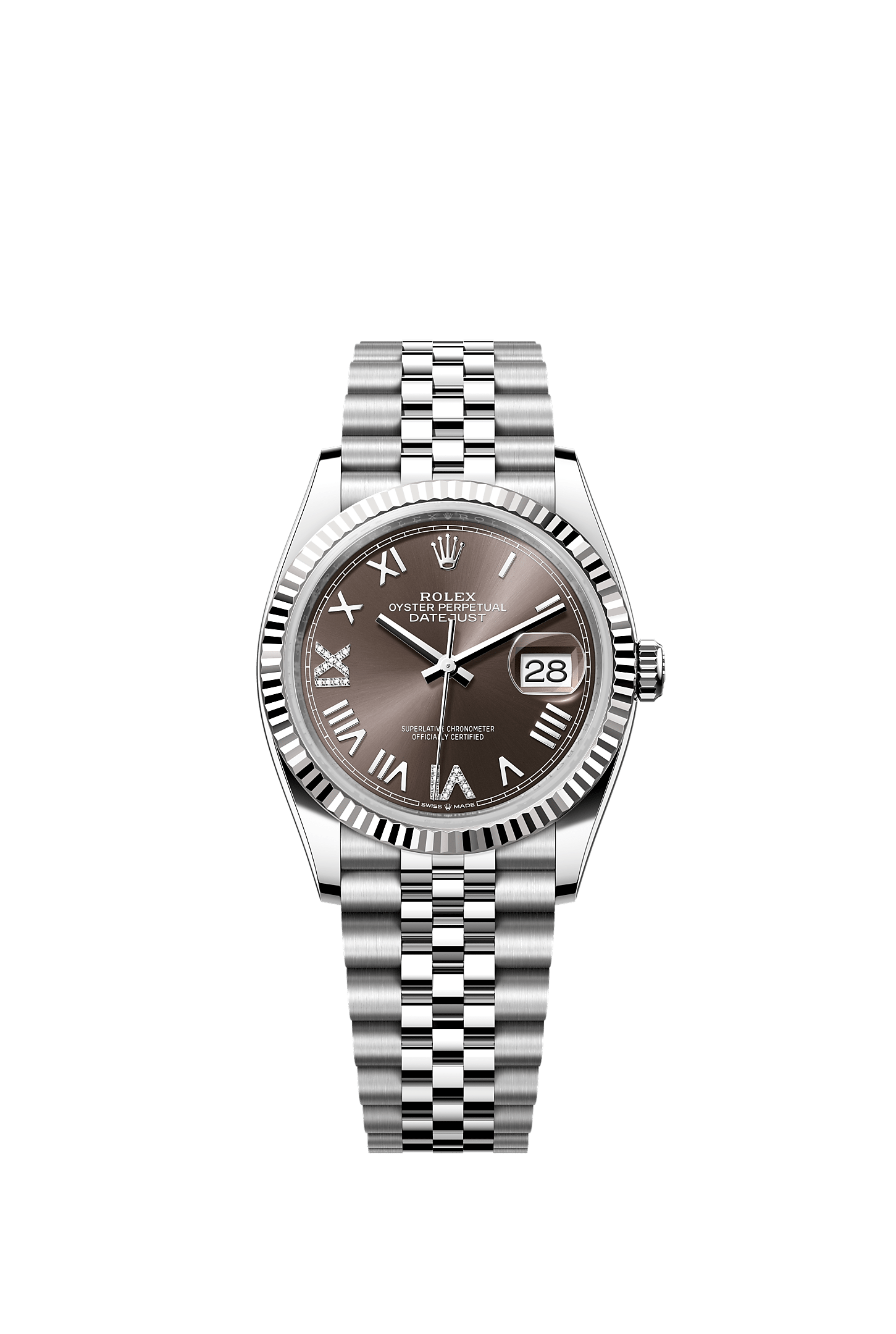 Datejust 36, Oyster, 36 mm, acciaio Oystersteel e oro bianco, Quadrante : <i>Dark grey</i> con diamanti, Rolex
