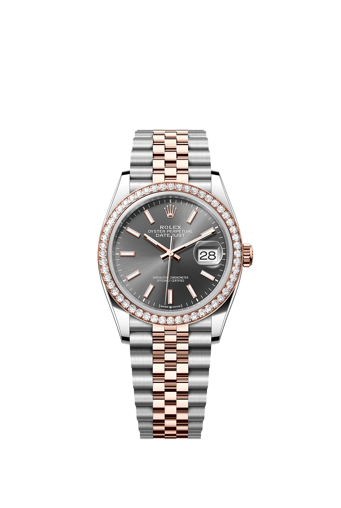 Datejust 36, Oyster, 36 mm, Oystersteel çelik, Everose altın ve pırlanta, Kadran : Arduvaz, Rolex