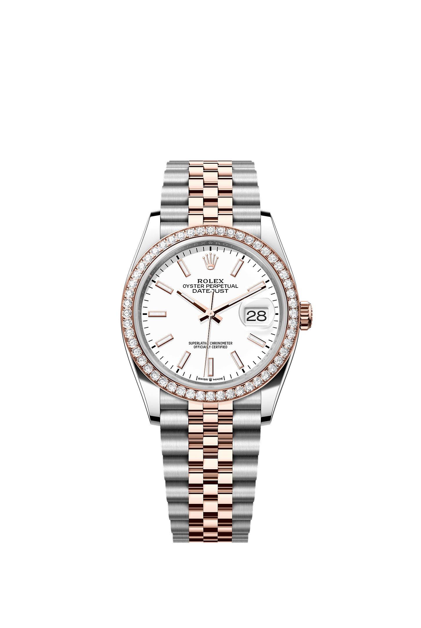 Datejust 36, Oyster, 36 mm, acero Oystersteel, oro Everose y diamantes, Esfera : Blanca, Rolex
