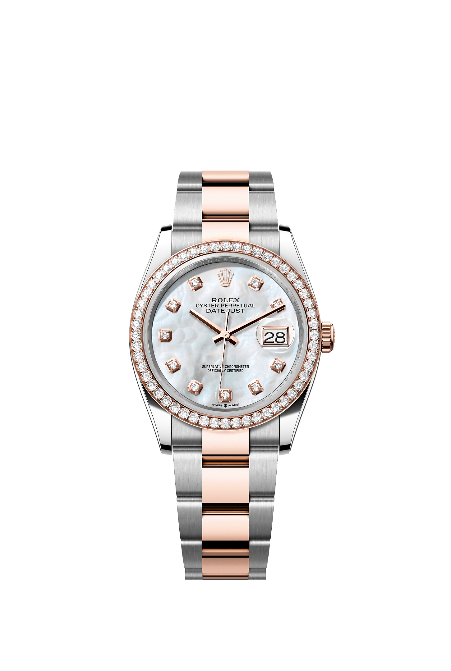 Datejust 36, Oyster, 36 mm, thép Oystersteel, vàng Eversose và kim cương, Mặt đồng hồ : Mặt đồng hồ ngọc trai trắng nạm kim cương, Rolex