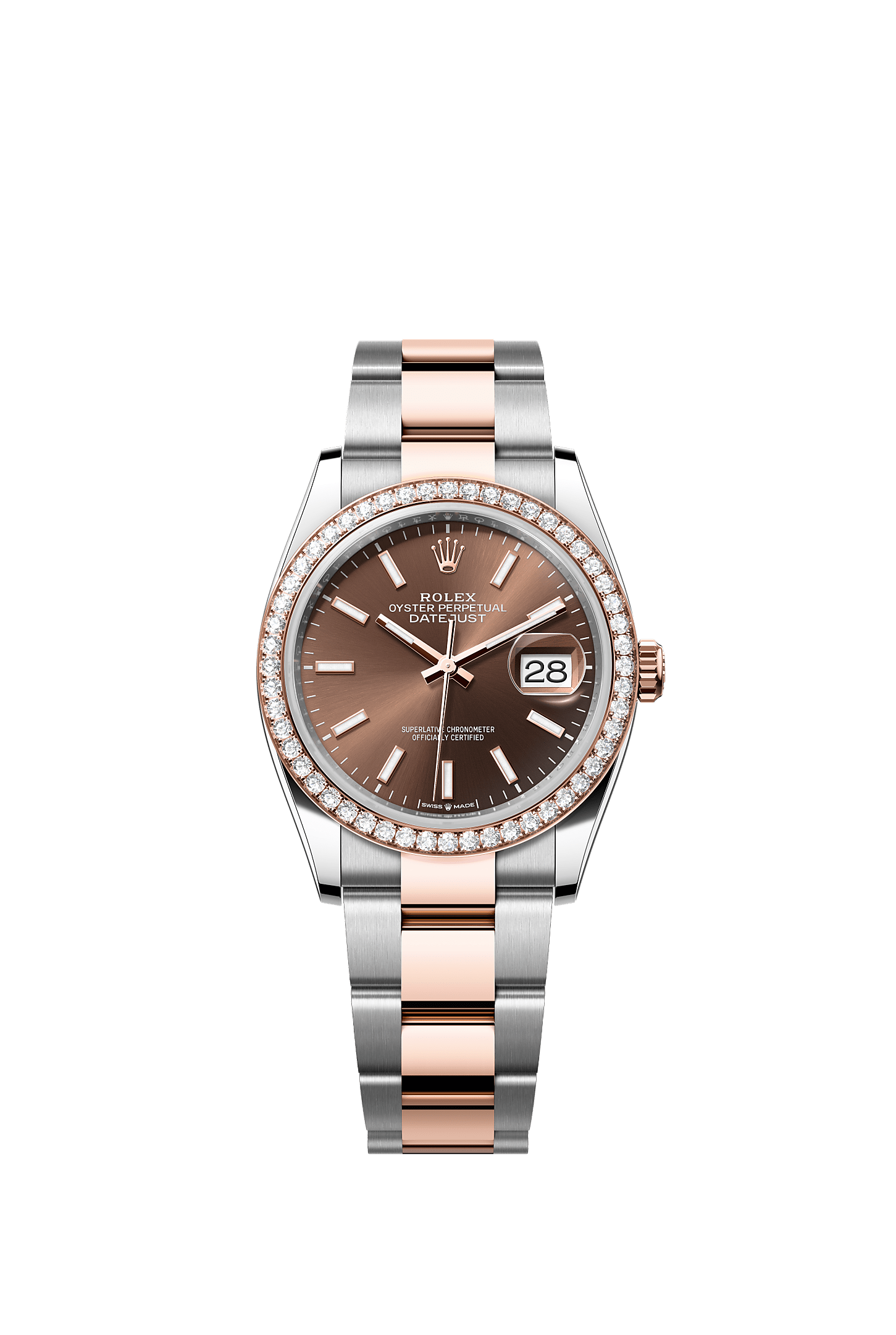 Datejust 36, Oyster, 36 mm, acciaio Oystersteel, oro Everose e diamanti, Quadrante : Cioccolato, Rolex