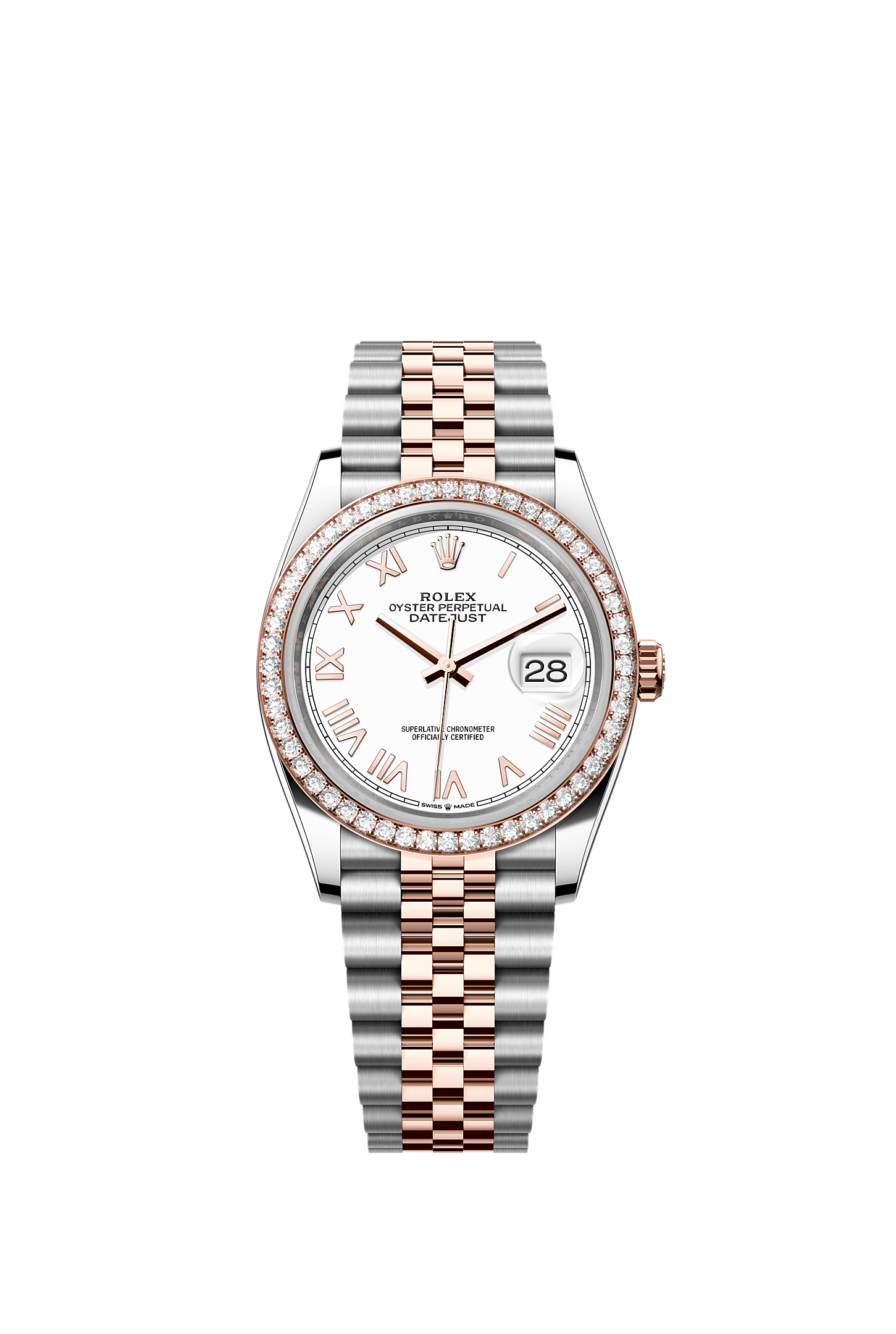 Datejust 36, Oyster, 36 mm, acier Oystersteel, or Everose et diamants, Cadran : Blanc, Rolex