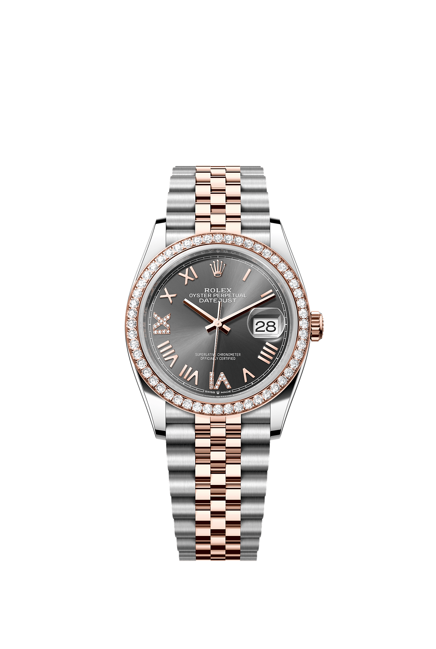 Datejust 36, Oyster, 36 mm, aço Oystersteel, ouro Everose e diamantes, Mostrador : Ardósia cravejado de diamantes, Rolex