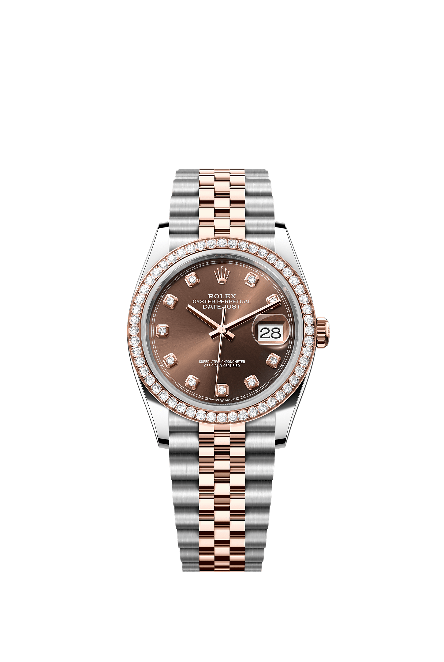 Datejust 36, Oyster, 36 mm, acier Oystersteel, or Everose et diamants, Cadran : Chocolat, serti de diamants, Rolex
