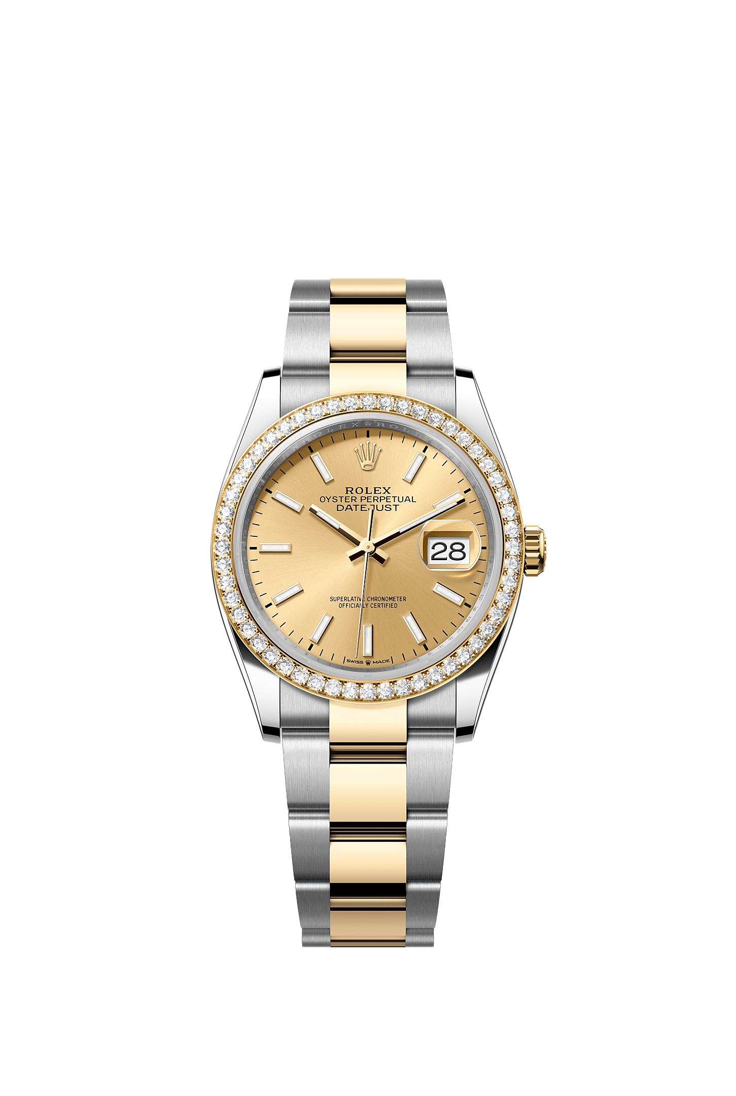 Datejust 36, Oyster, 36 mm, thép Oystersteel, vàng kim và kim cương, Mặt đồng hồ : Màu Champagne, Rolex