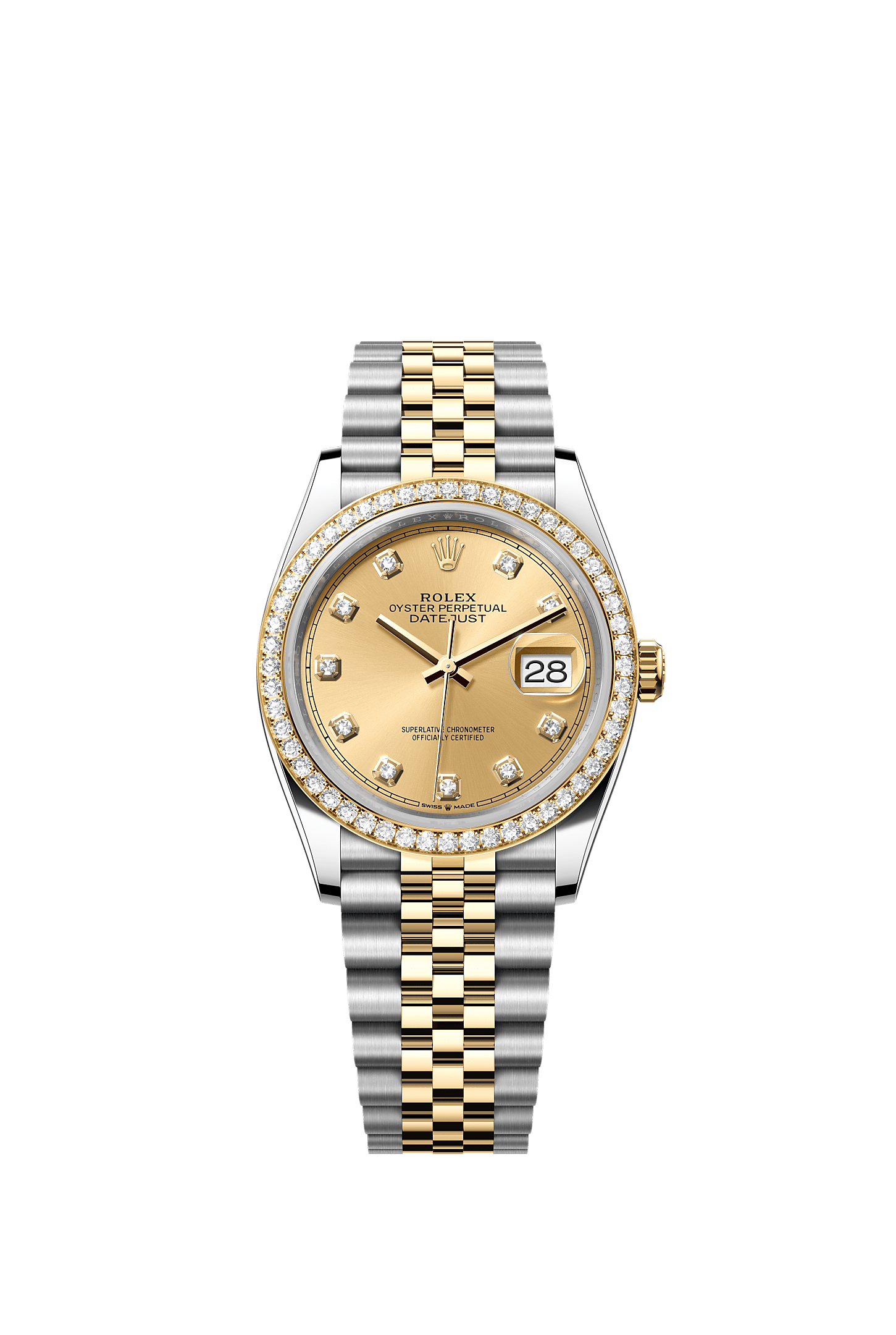 Datejust 36, Oyster, 36 mm, aço Oystersteel, ouro amarelo e diamantes, undefined : Cor champagne cravejado de diamantes, Rolex