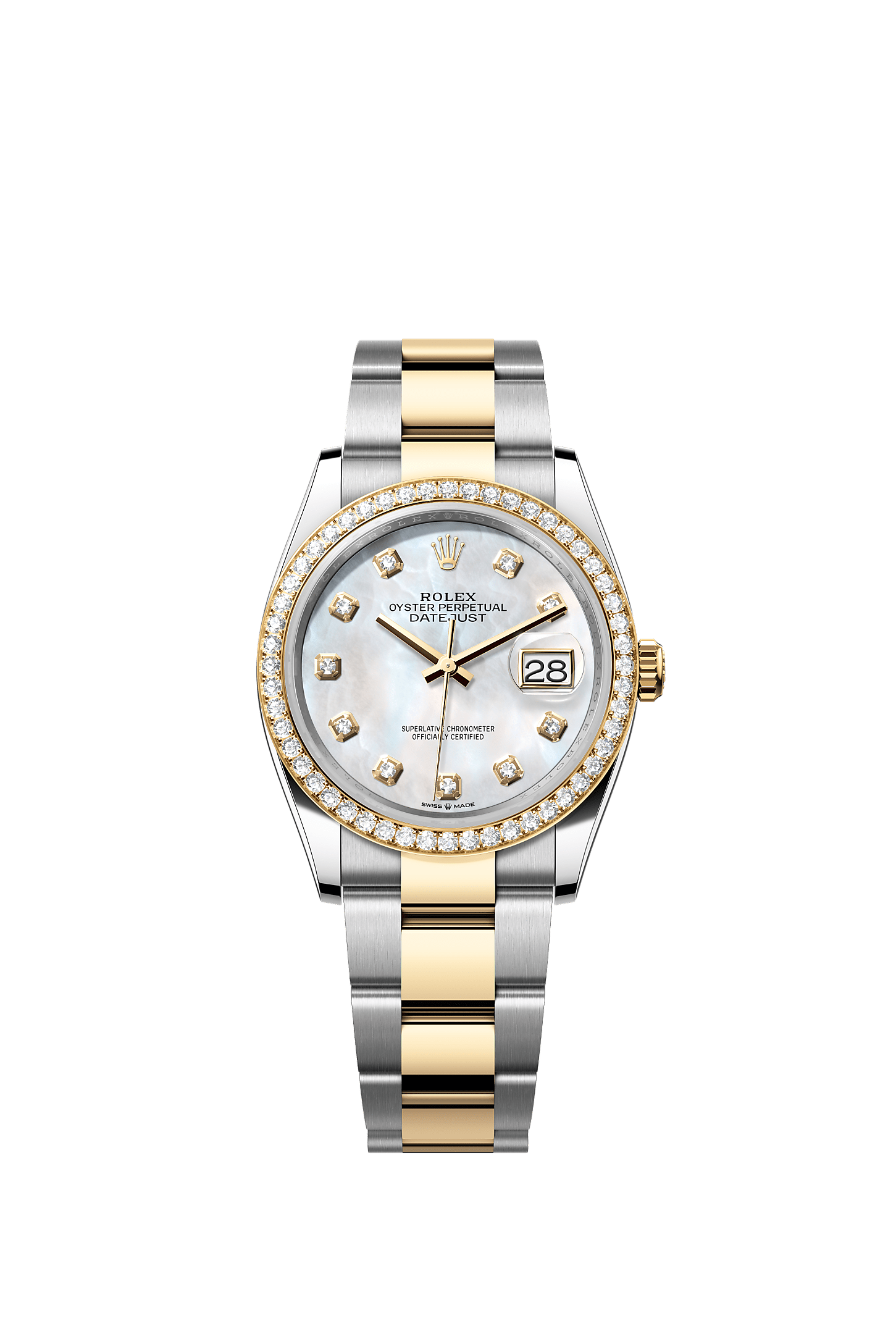 Datejust 36, Oyster, 36 мм, сталь Oystersteel, желтое золото и бриллианты, Циферблат : Белый перламутровый, бриллианты, Rolex