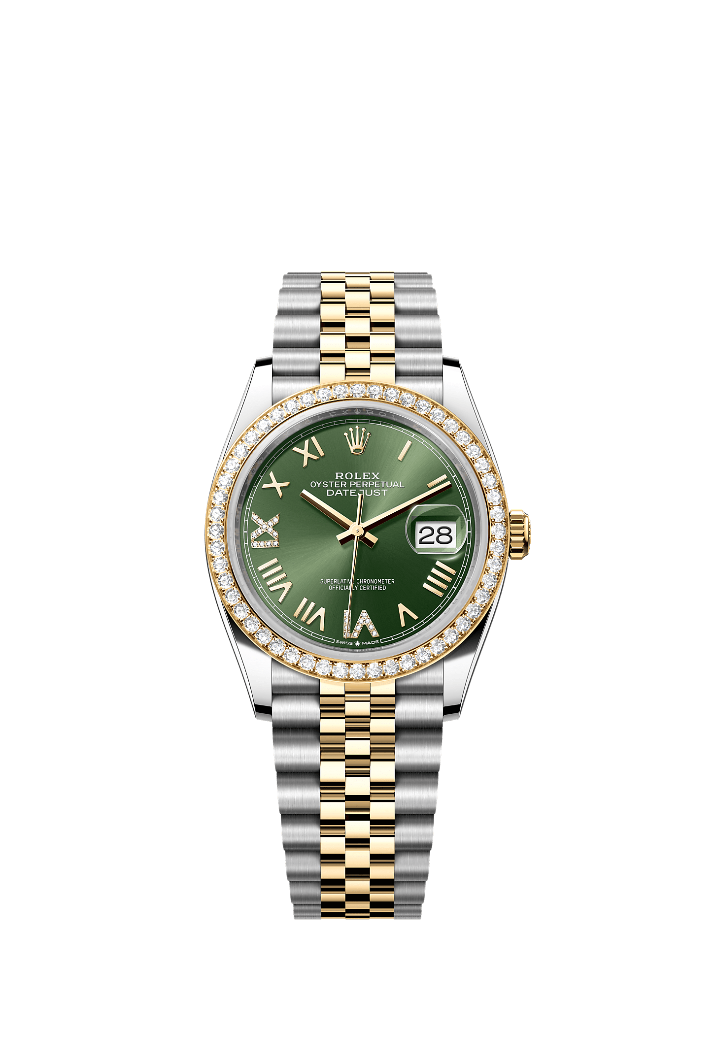Datejust 36, Oyster, 36 มม., Oystersteel, ทองคำเและเพชร, หน้าปัด : สีเขียวมะกอกประดับเพชร, Rolex