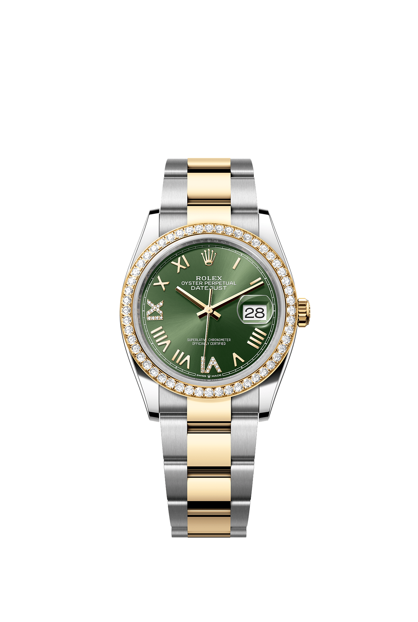 Datejust 36, Oyster, 36 mm, Oystersteel, yellow gold and diamonds, Dial : Olive green set with diamonds, Rolex
