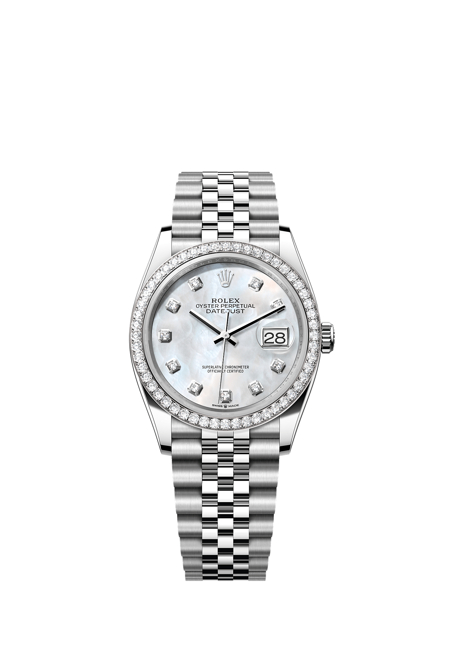 Datejust 36, Oyster, 36 mm, Oystersteel, witgoud en diamanten, Wijzerplaat : Wit parelmoer, bezet met diamanten, Rolex