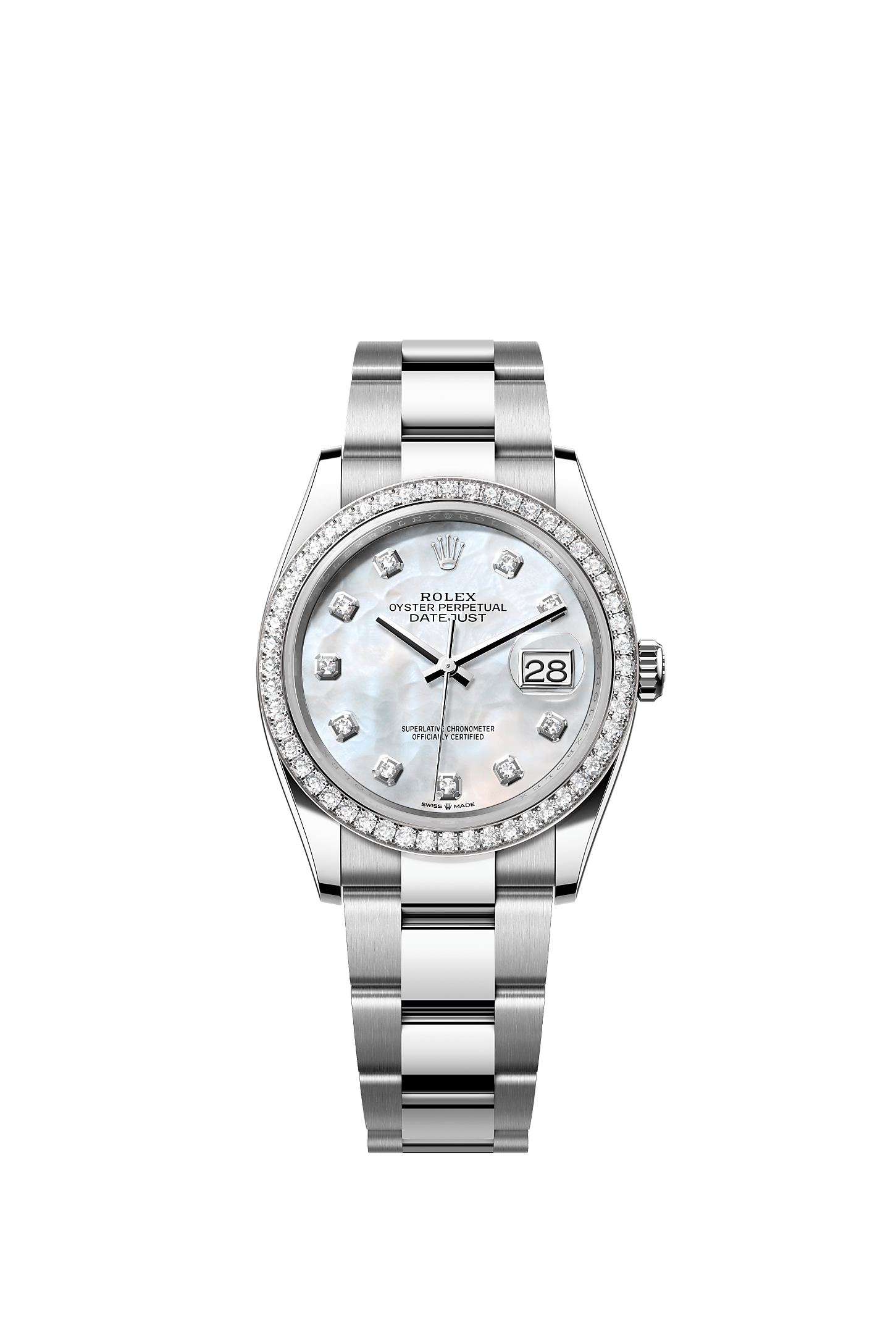 Datejust 36, Oyster, 36 มม., Oystersteel, ทองคำขาวและเพชร, หน้าปัด : ไข่มุกขาวประดับด้วยเพชร, Rolex