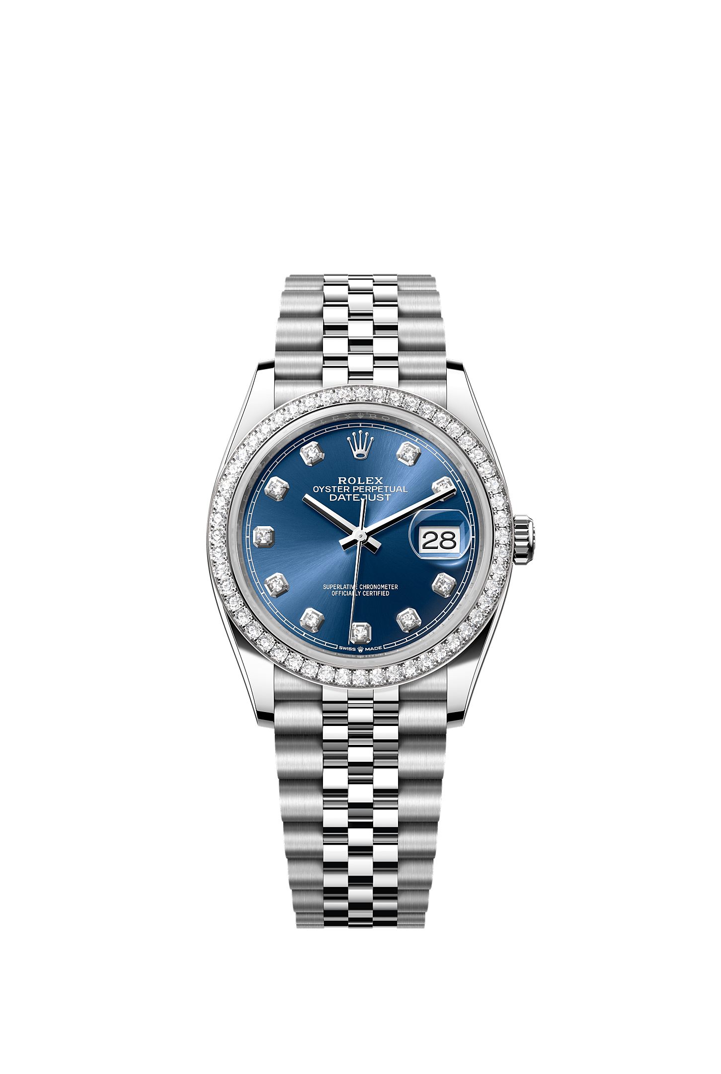 Datejust 36, اویستر، ۳۶ میلیمتری، اویستراستیل، طلای سفید و الماس, صفحه‌ : آبی روشن الماسنشان, Rolex