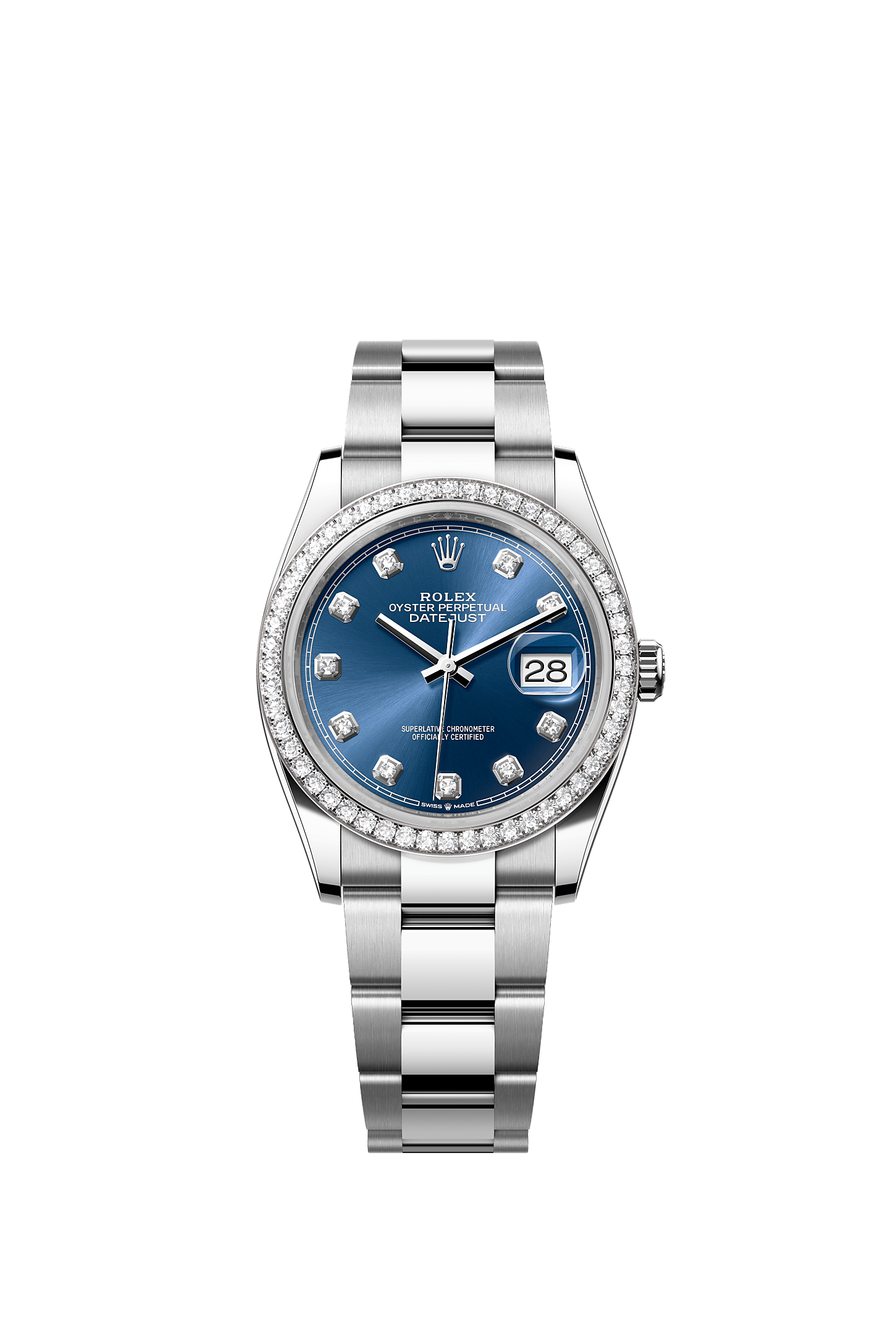 Datejust 36, Oyster, 36 mm, Oystersteel, emas putih dan berlian, Dial : Tampilan biru cerah dengan berlian, Rolex