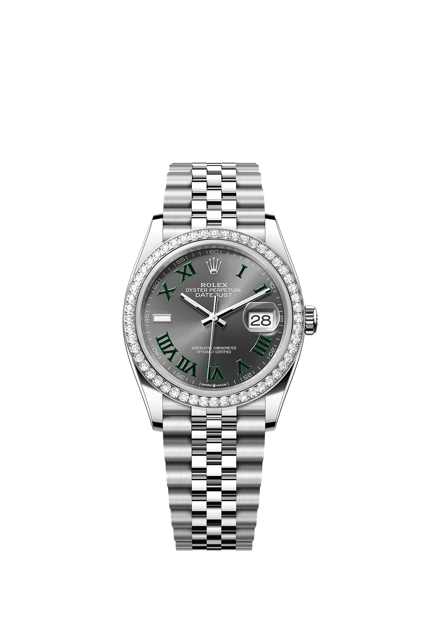 Datejust 36, Oyster, 36 mm, aço Oystersteel, ouro branco e diamantes, Mostrador : Ardósia, Rolex