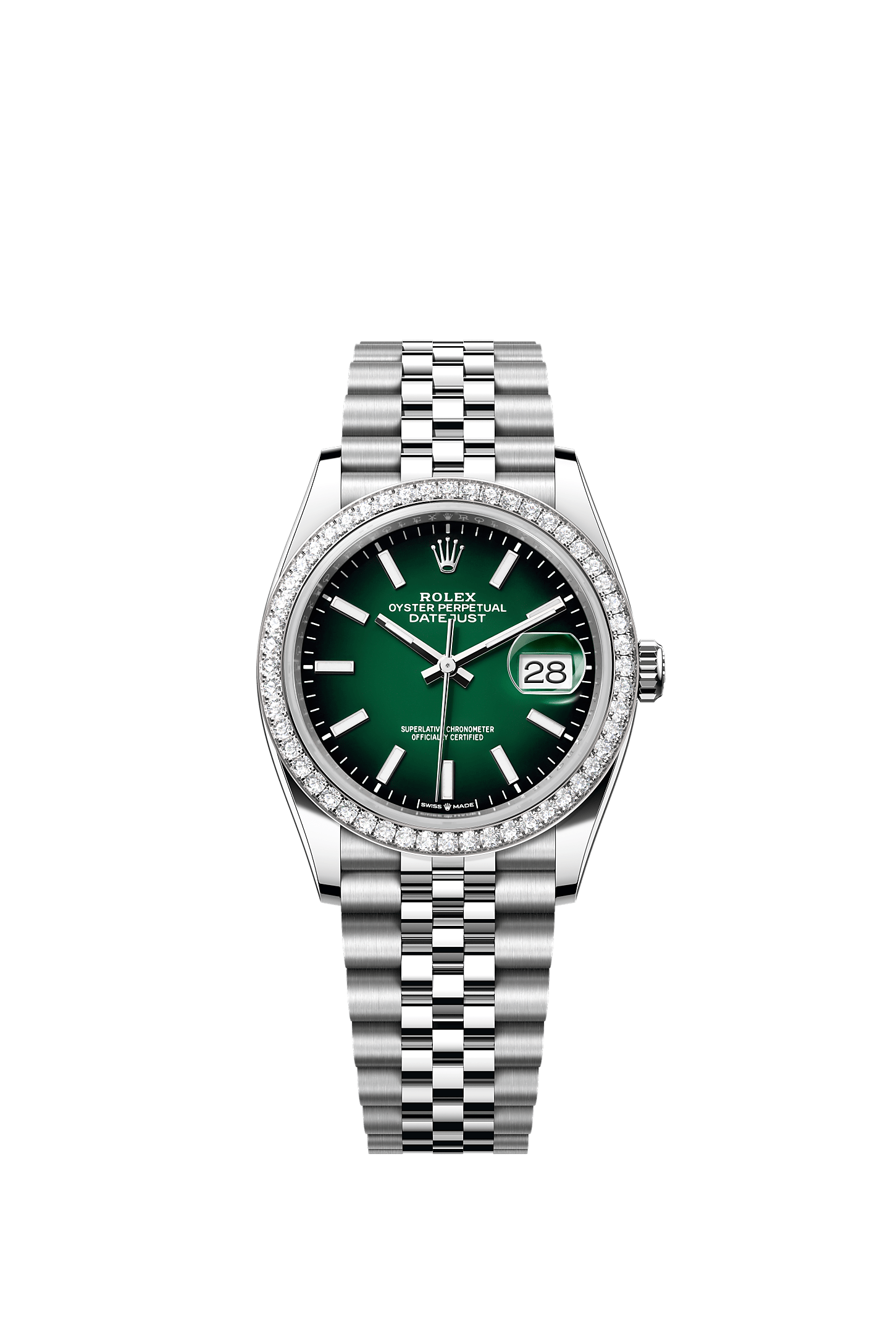 Datejust 36, Oyster, 36 mm, acero Oystersteel, oro blanco y diamantes, Esfera : Verde sombreado, Rolex