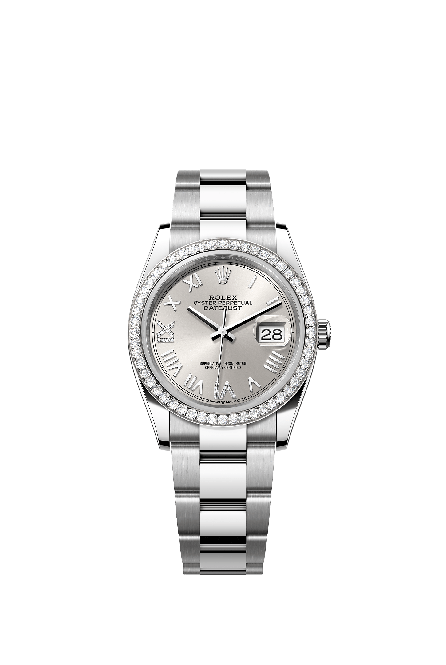 Datejust 36, 蠔式，36毫米，鑽石、白色黃金及蠔式鋼, 錶面 : 銀色，鑲鑽石, Rolex