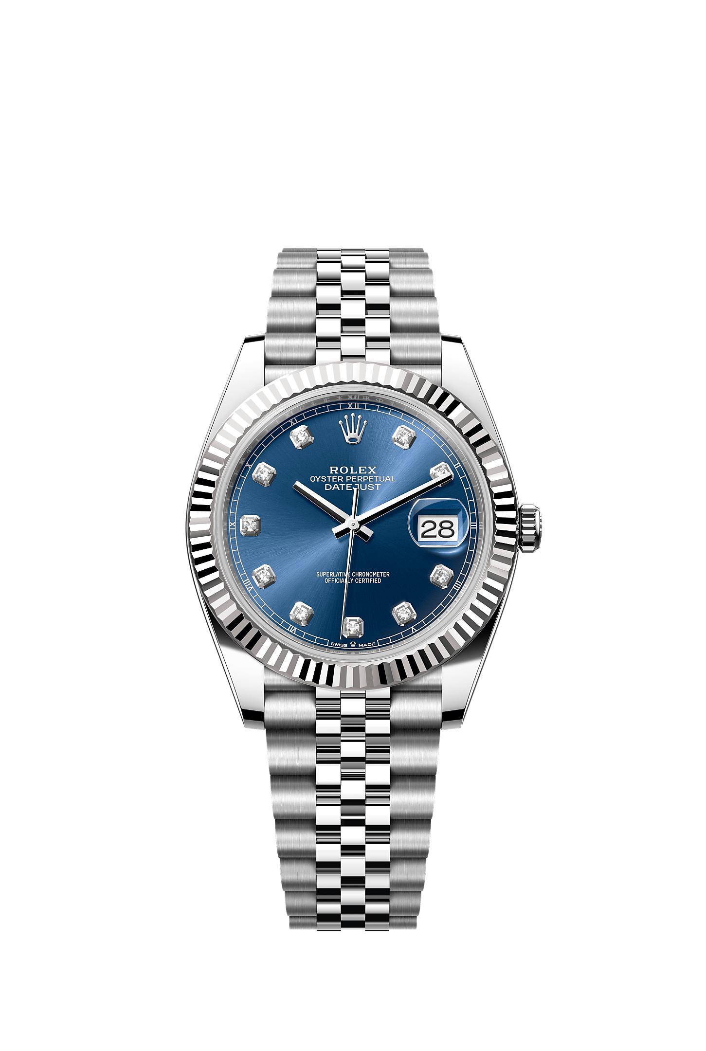 Datejust 41, Oyster, 41 mm, acciaio Oystersteel e oro bianco, Quadrante : Blu vivo con diamanti, Rolex