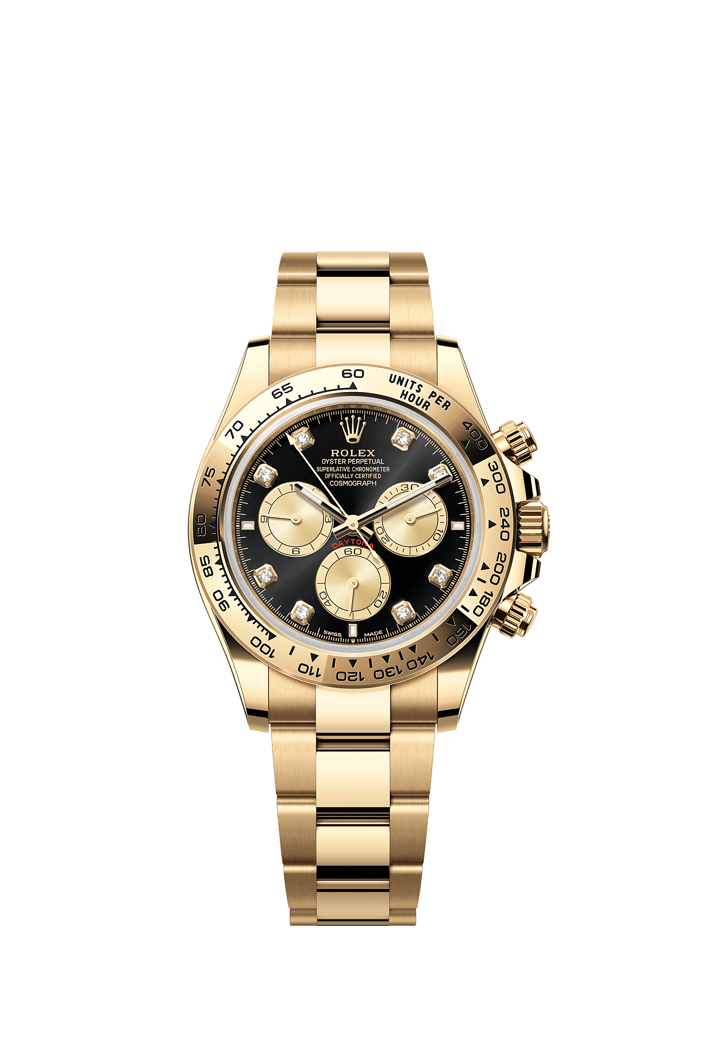 Cosmograph Daytona, Oyster, 40 mm, yellow gold, Dial : Bright black and golden set with diamonds, Rolex