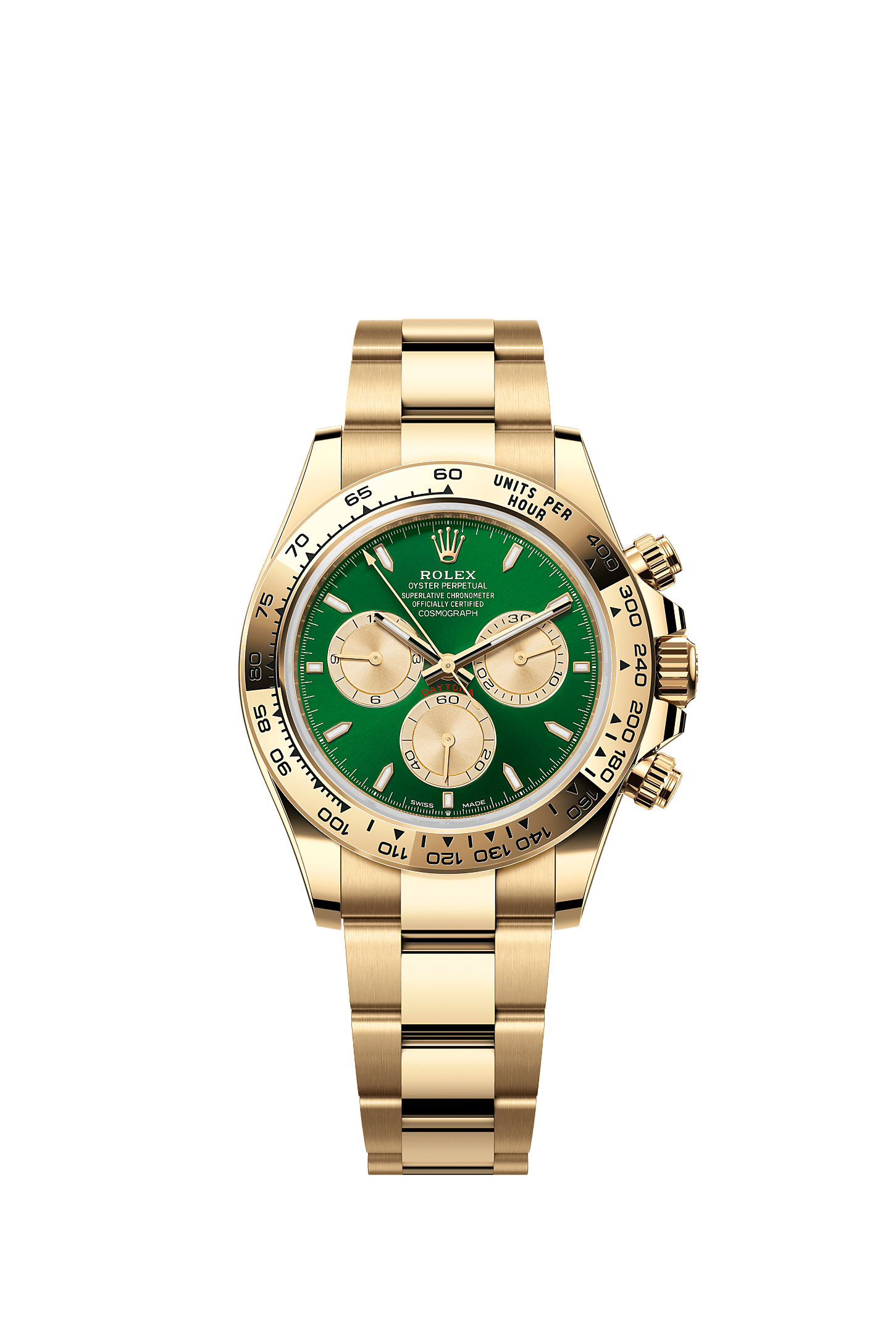 Cosmograph Daytona, Oyster, 40 mm, emas kuning, Permukaan : Hijau cerah dan keemasan, Rolex