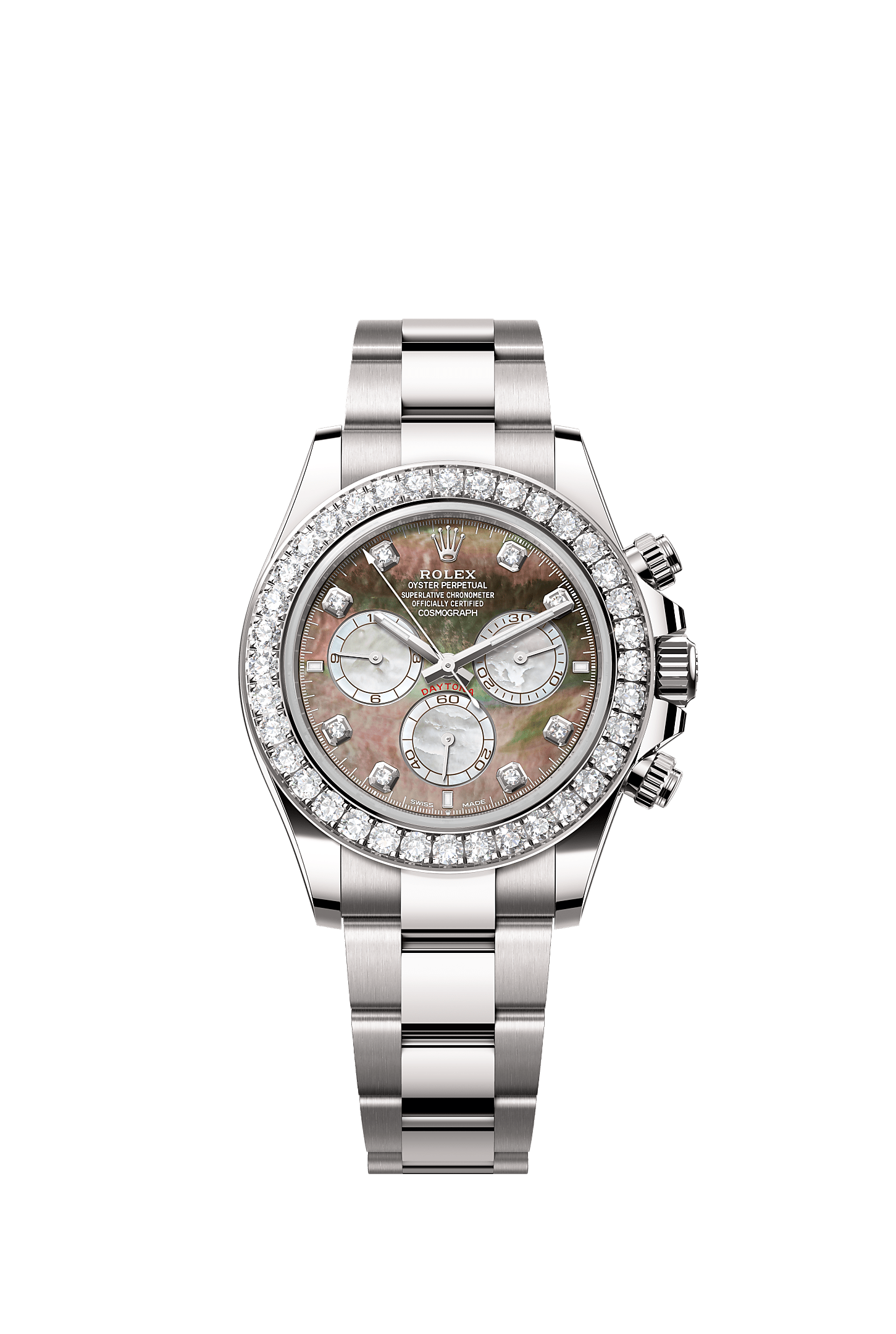 Cosmograph Daytona, Oyster, 40 mm, white gold and diamonds, Dial : Black and white mother-of-pearl set with diamonds, Rolex