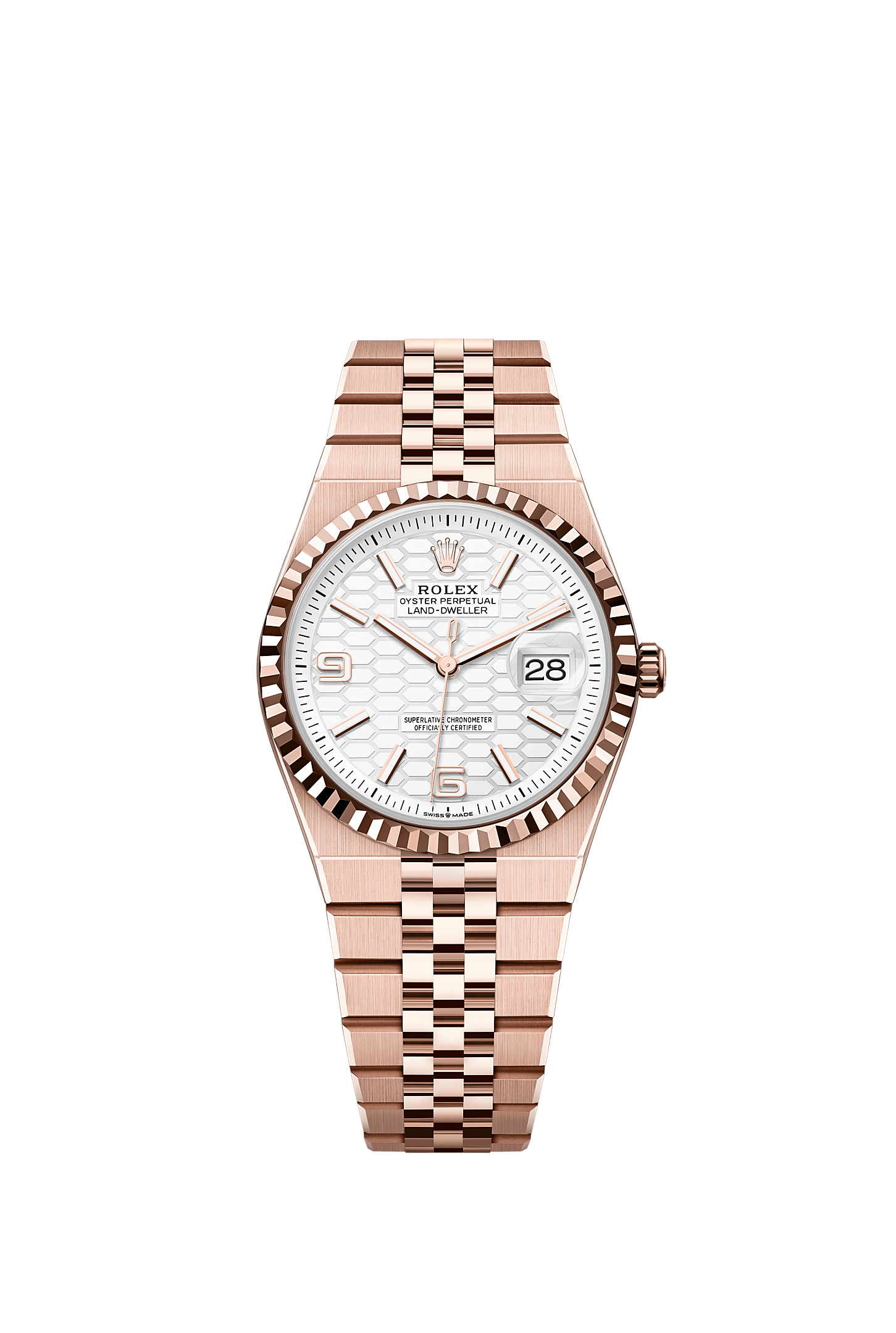 Land-Dweller 36, Oyster, 36 mm, Everose gold, Dial : Intense white, honeycomb motif, Rolex