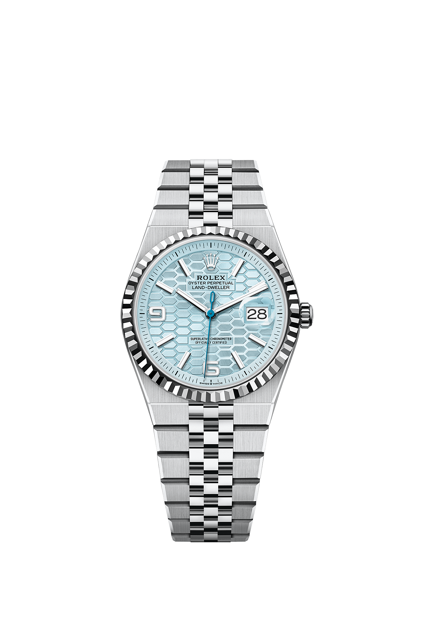 Land-Dweller 36, Oyster, 36 mm, platinum, Dial : Ice blue, honeycomb 
motif, Rolex