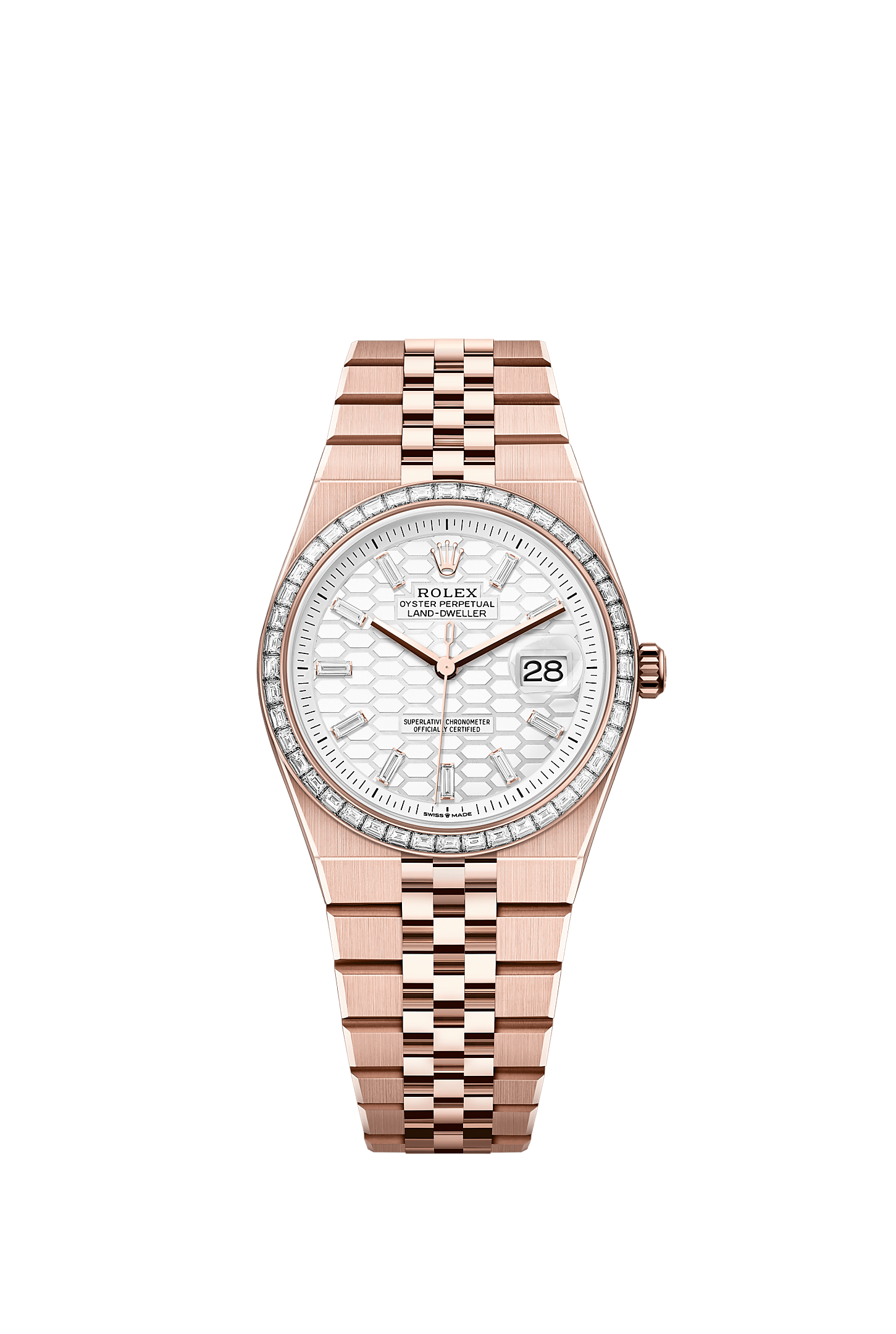 Land-Dweller 36, Oyster, 36 mm, Everose gold and diamonds, Dial : Intense white, honeycomb motif set with diamonds, Rolex