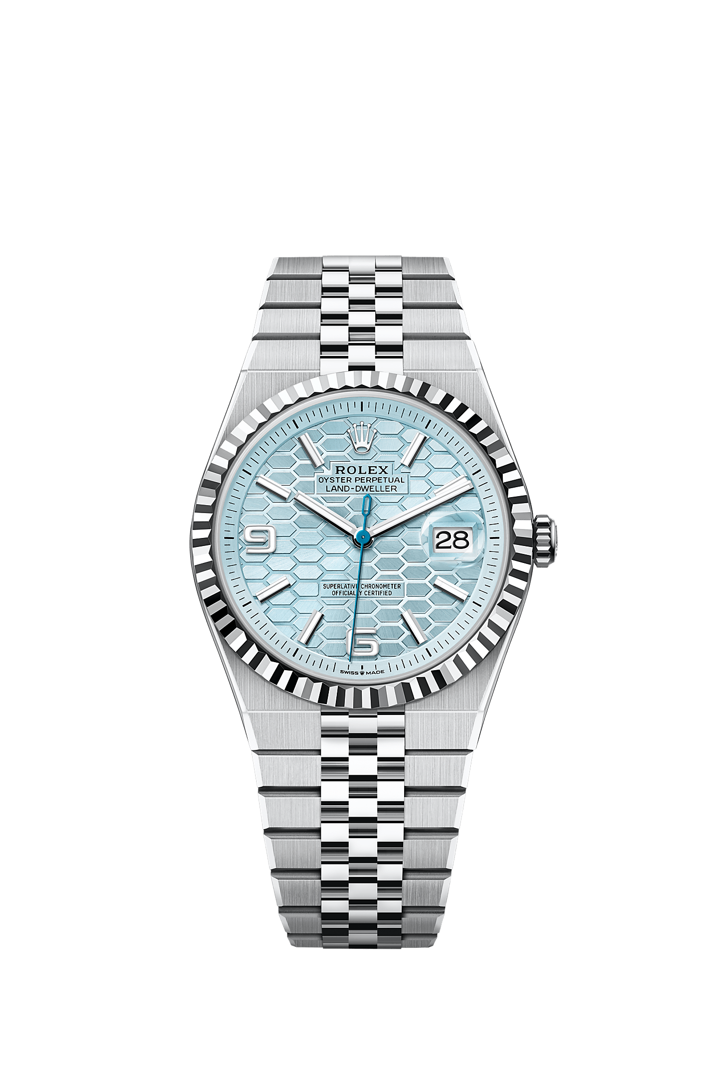 Land-Dweller 40, Oyster, 40 mm, platinum, Dial : Ice blue, honeycomb 
motif, Rolex