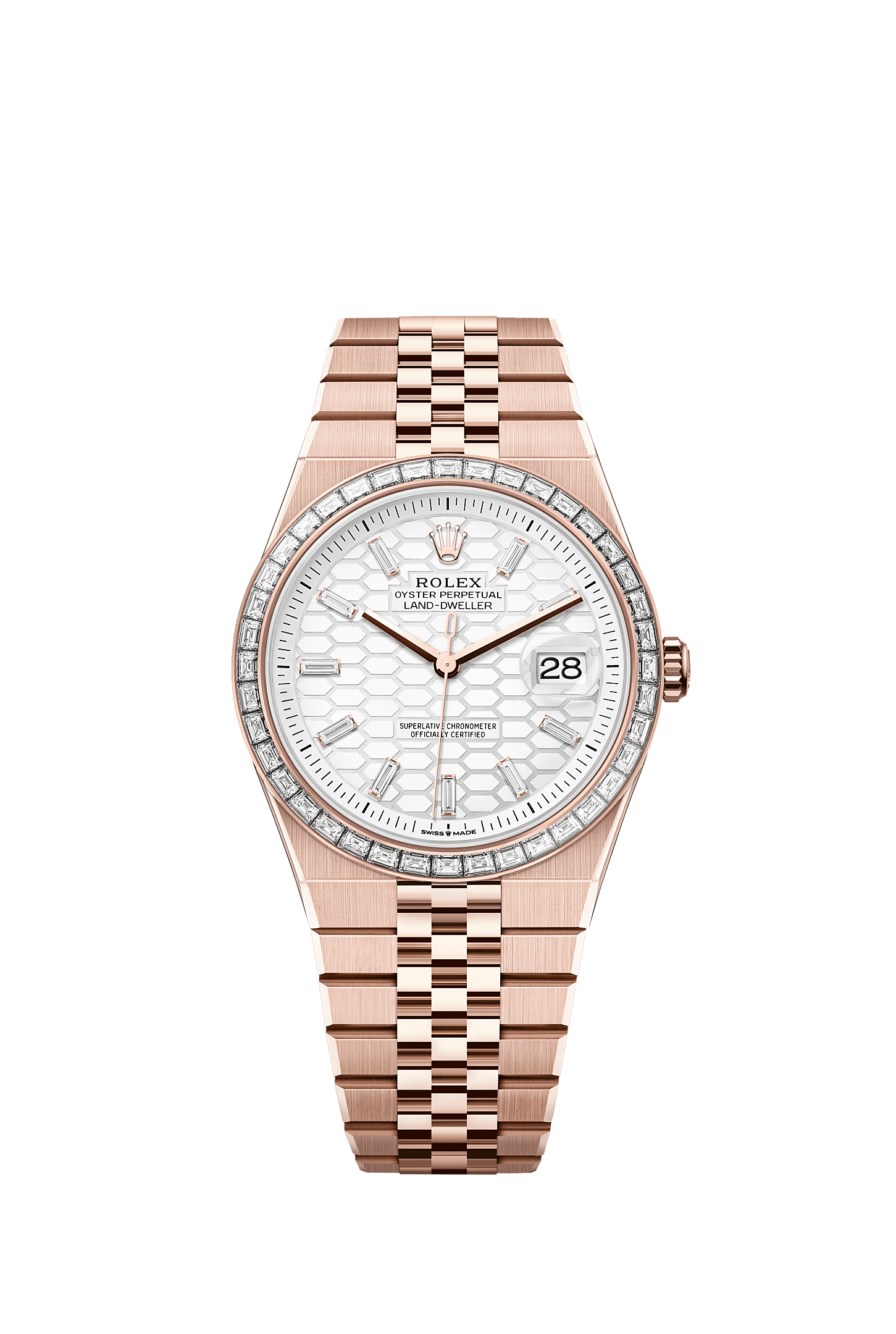 Land-Dweller 40, Oyster, 40 mm, Everose gold and diamonds, Dial : Intense white, honeycomb motif set with diamonds, Rolex